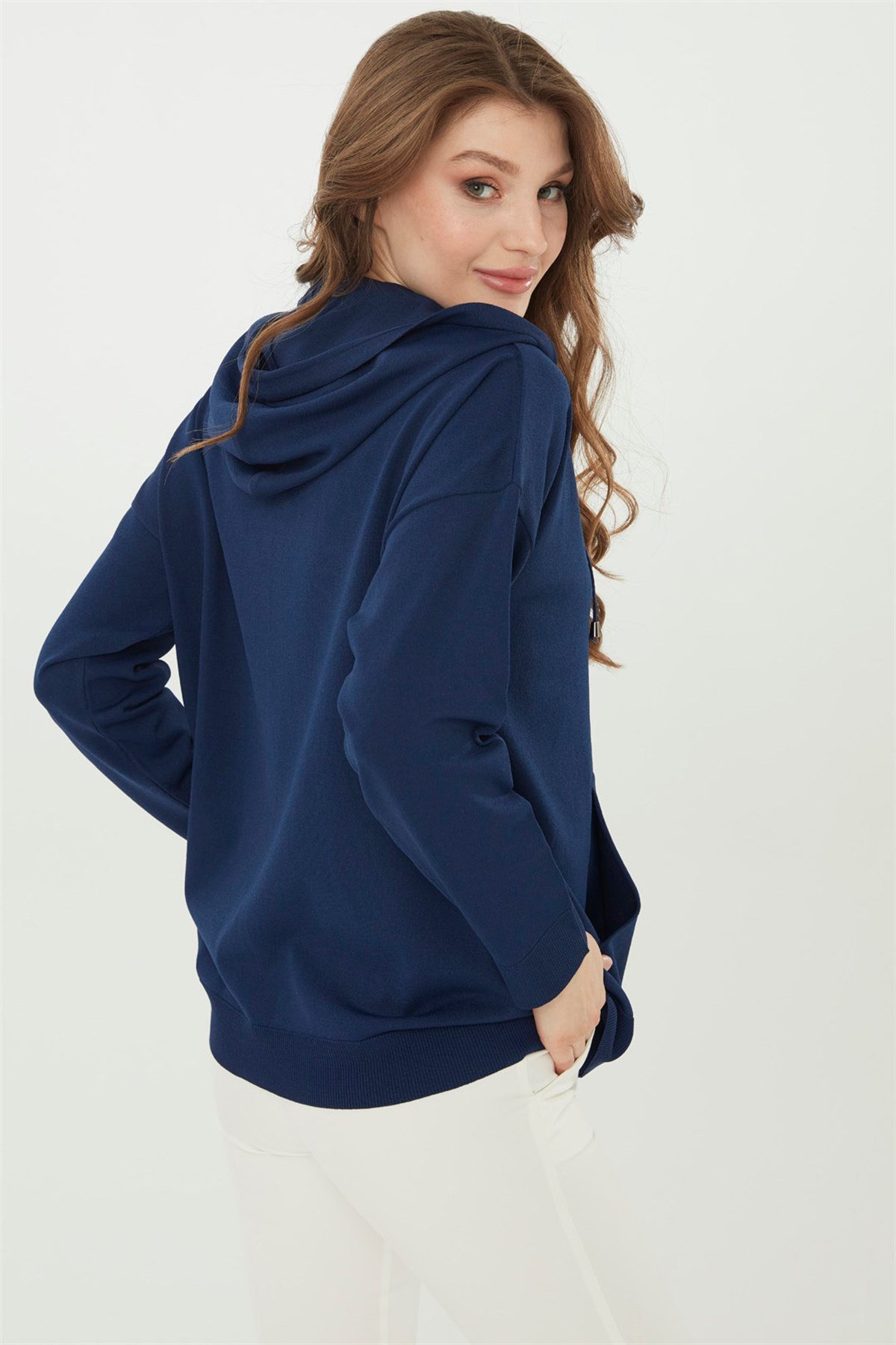 22351Kadın Triko Kapşonlu Yazlık Hırka Lacivert