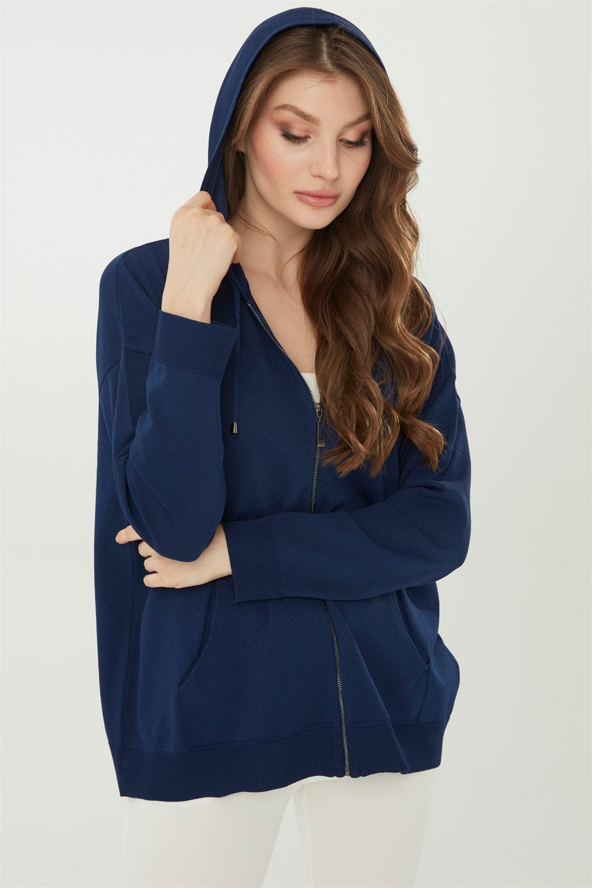 22351Kadın Triko Kapşonlu Yazlık Hırka Lacivert