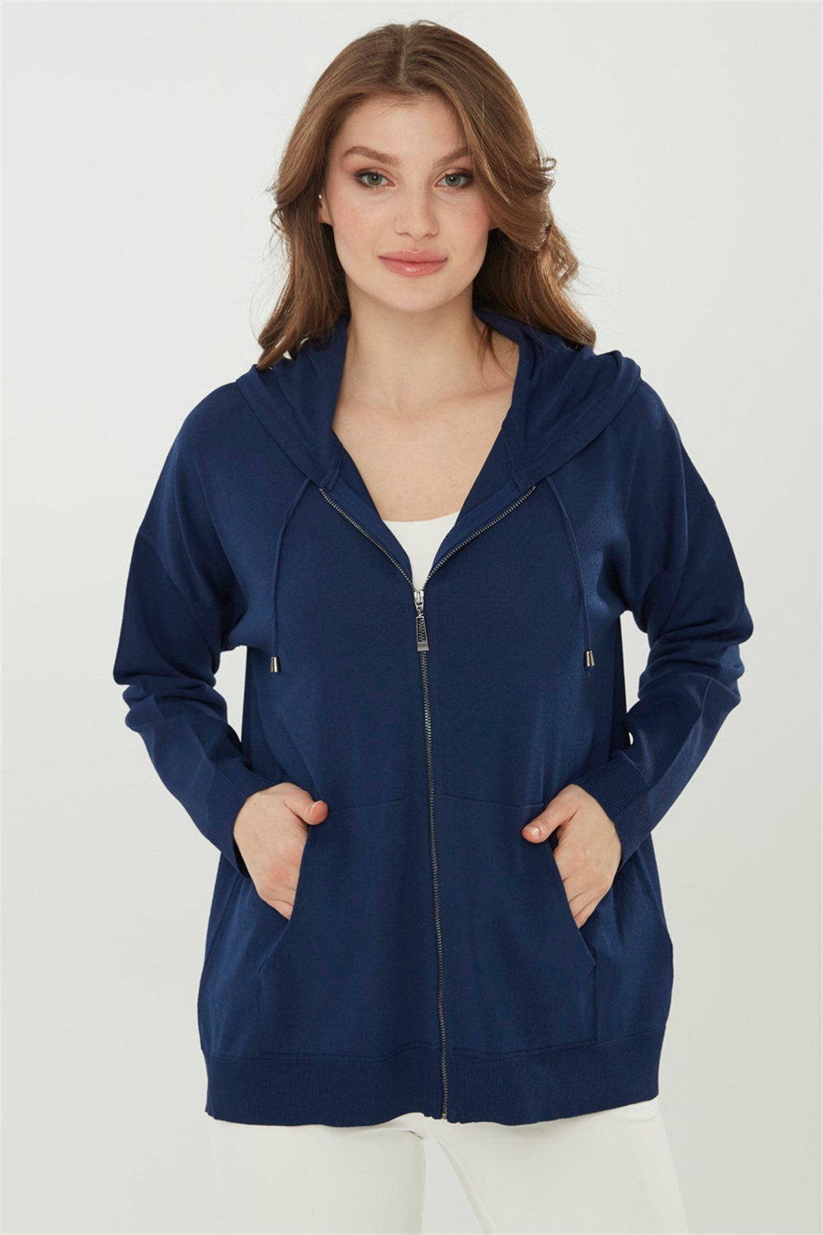 22351Kadın Triko Kapşonlu Yazlık Hırka Lacivert