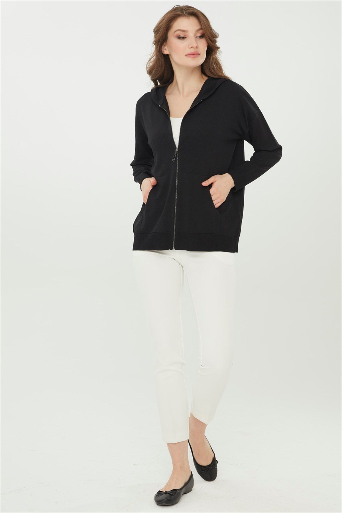 22351Kadın Triko Kapşonlu Yazlık Hırka Siyah
