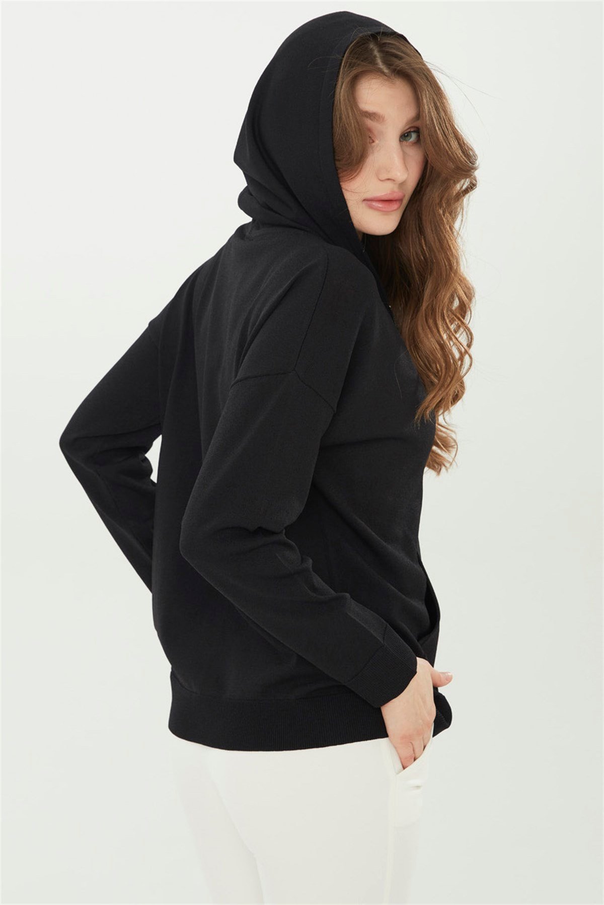 22351Kadın Triko Kapşonlu Yazlık Hırka Siyah