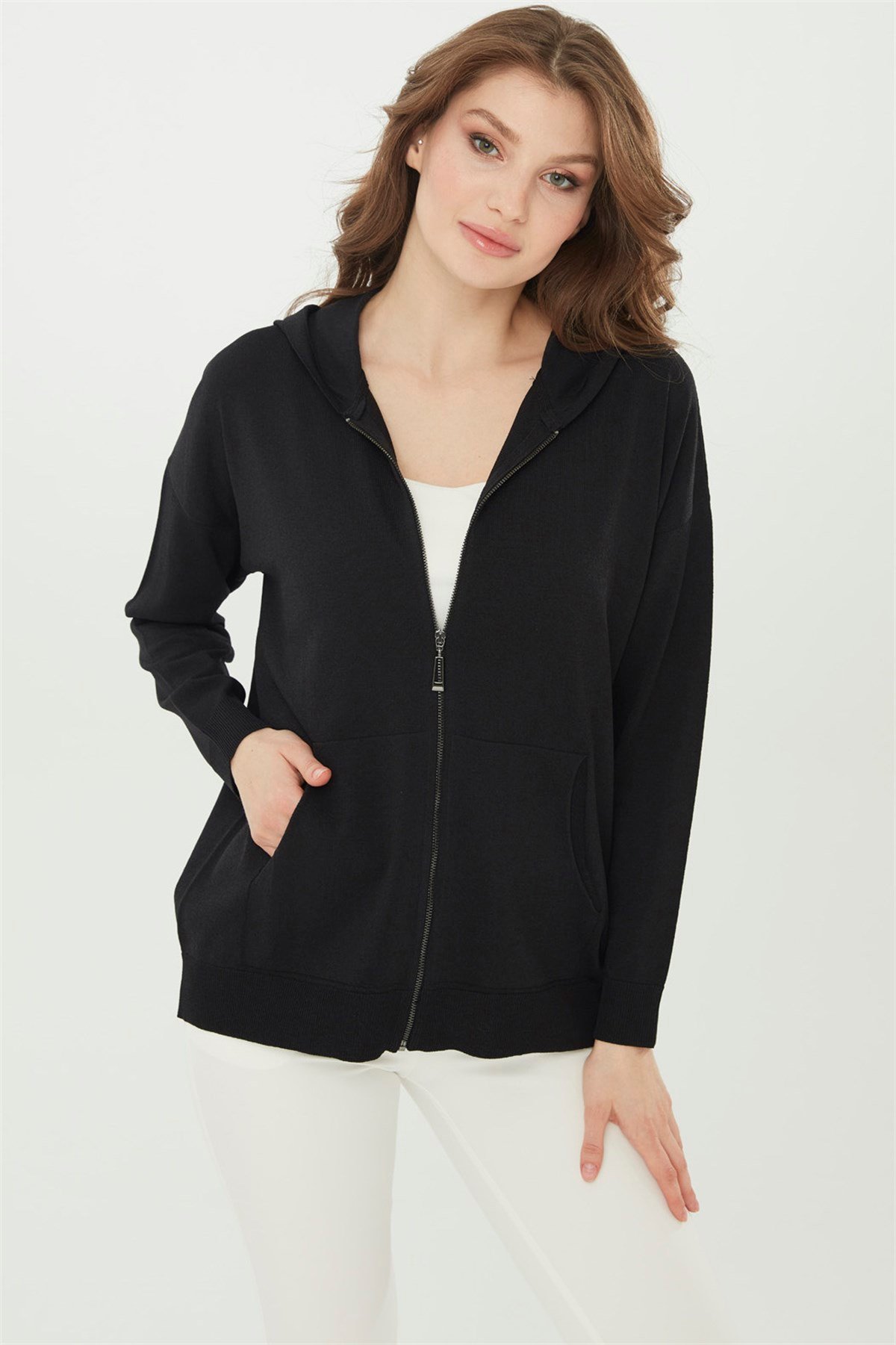 22351Kadın Triko Kapşonlu Yazlık Hırka Siyah