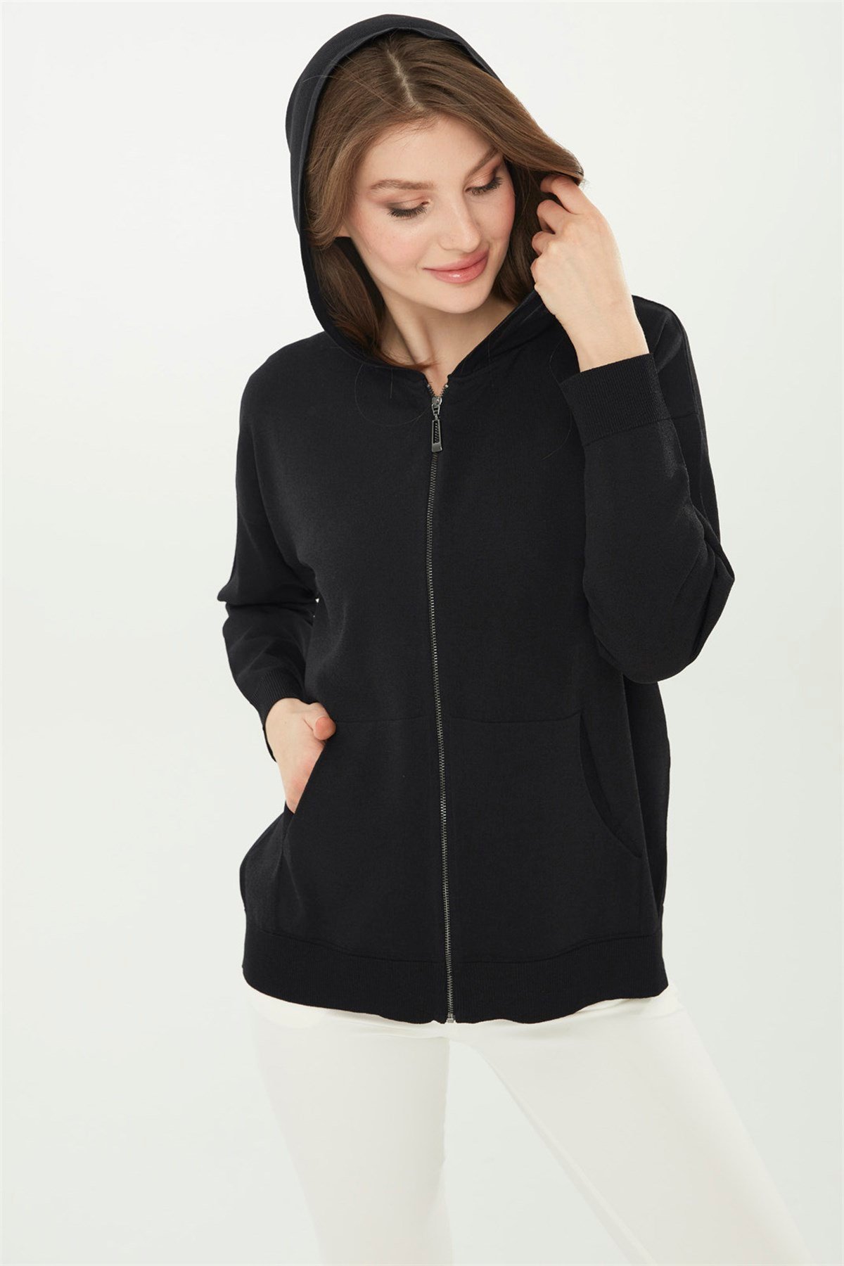 22351Kadın Triko Kapşonlu Yazlık Hırka Siyah