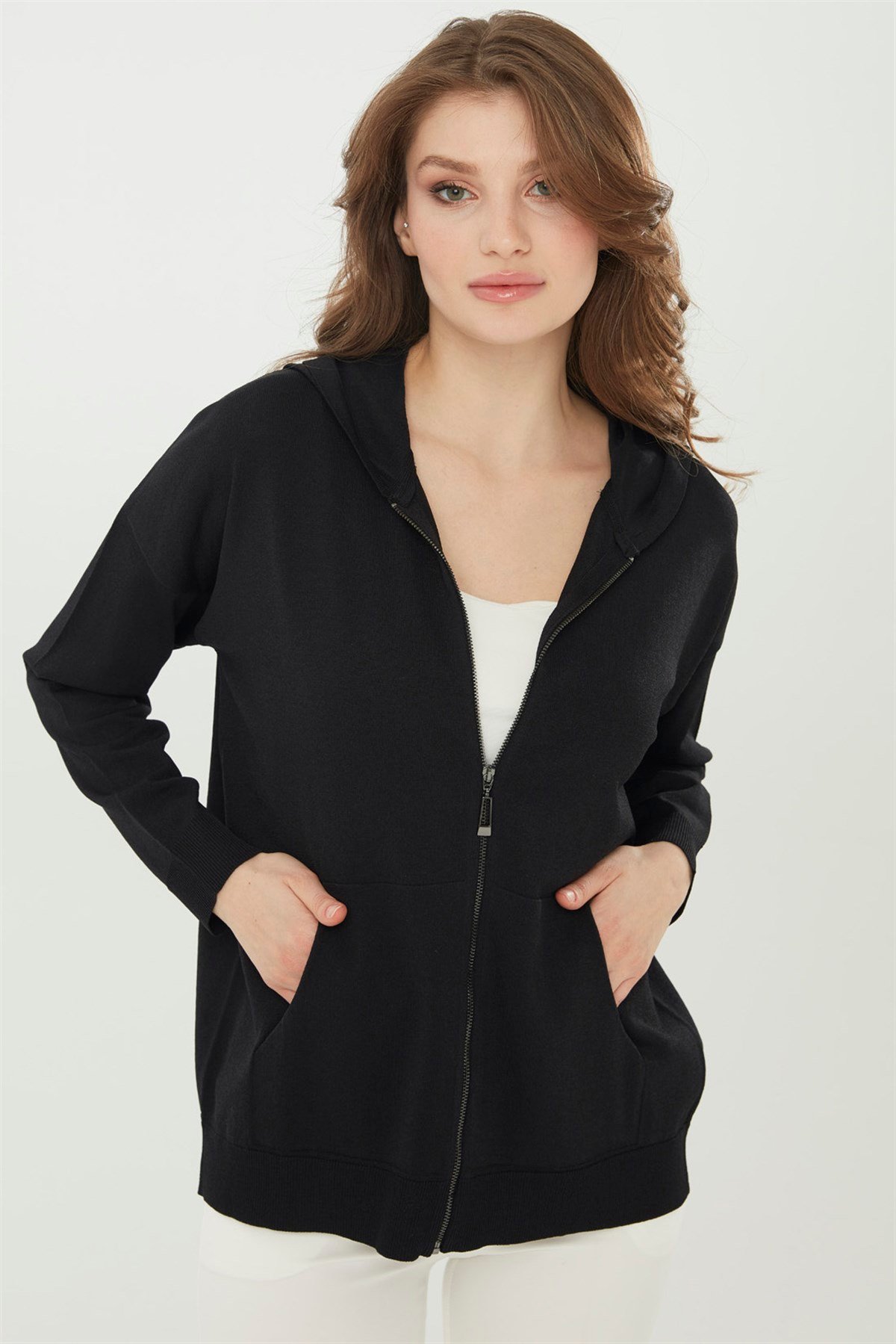22351Kadın Triko Kapşonlu Yazlık Hırka Siyah