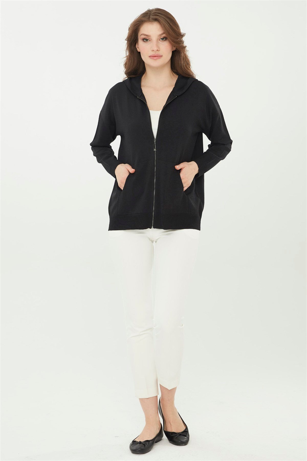 22351Kadın Triko Kapşonlu Yazlık Hırka Siyah