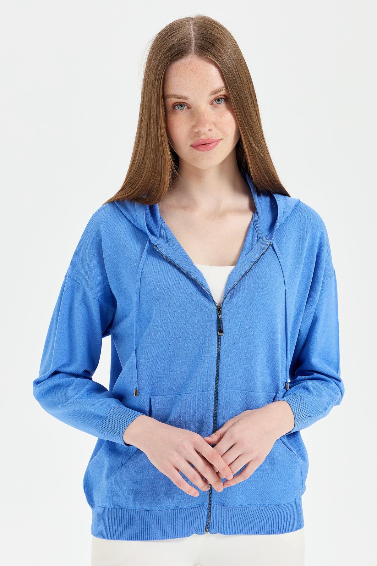 22351Kadın Triko Kapüşonlu Yazlık Hırka Mavi