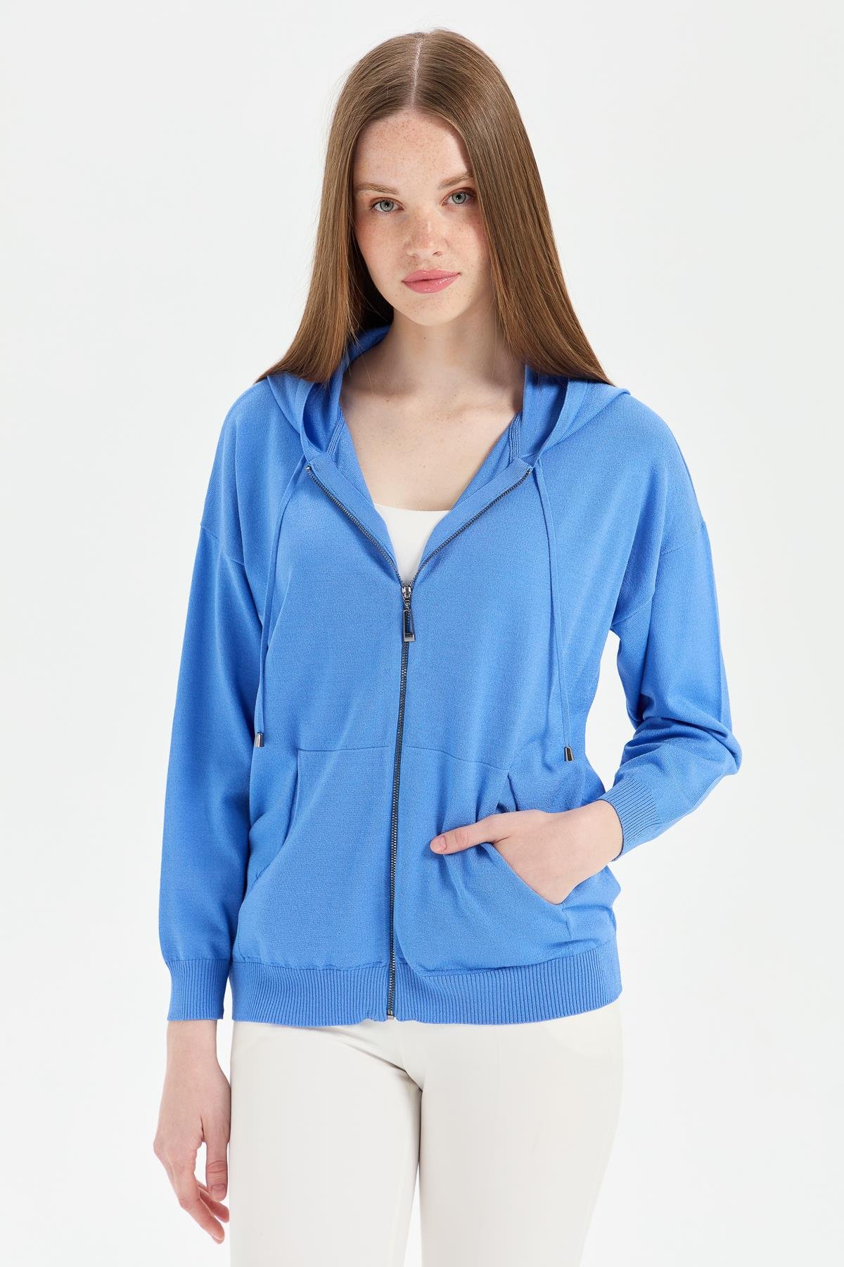 22351Kadın Triko Kapüşonlu Yazlık Hırka Mavi