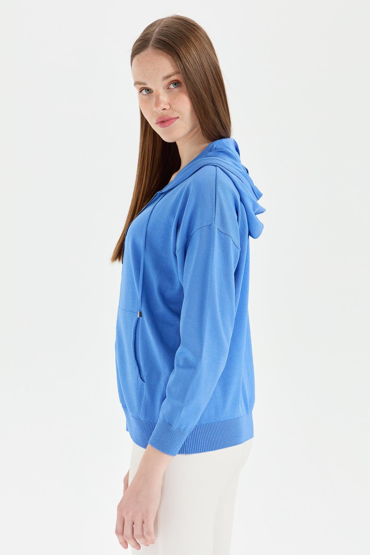 22351Kadın Triko Kapüşonlu Yazlık Hırka Mavi