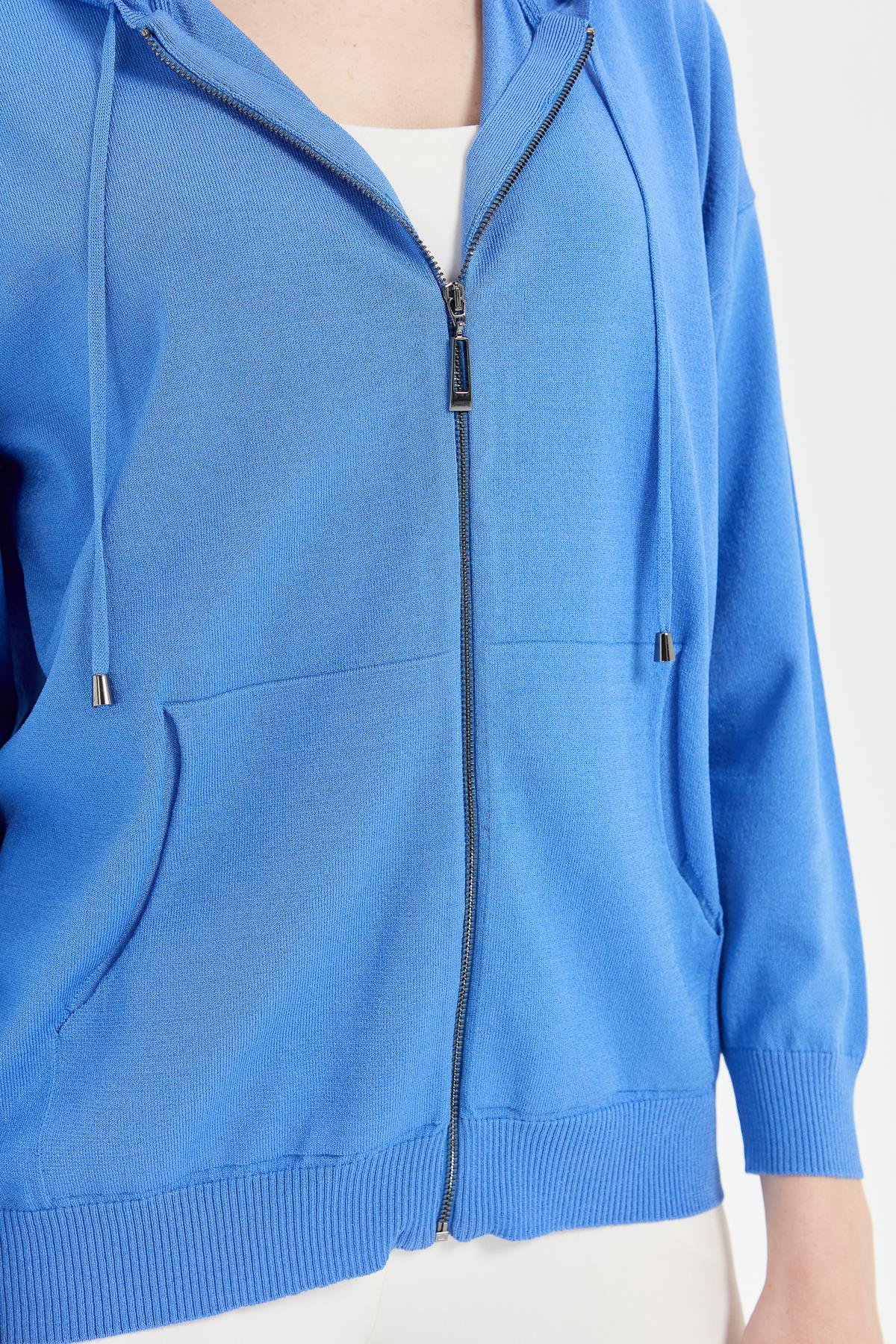 22351Kadın Triko Kapüşonlu Yazlık Hırka Mavi