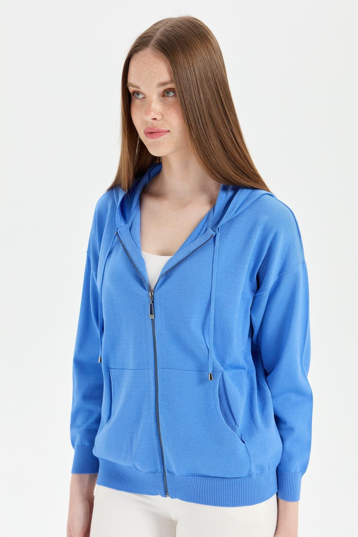 22351Kadın Triko Kapüşonlu Yazlık Hırka Mavi