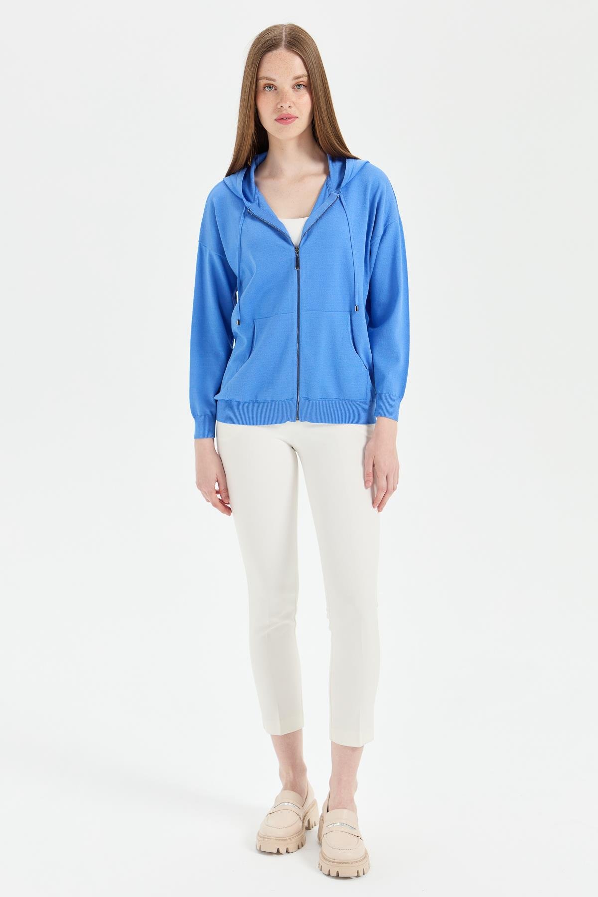 22351Kadın Triko Kapüşonlu Yazlık Hırka Mavi