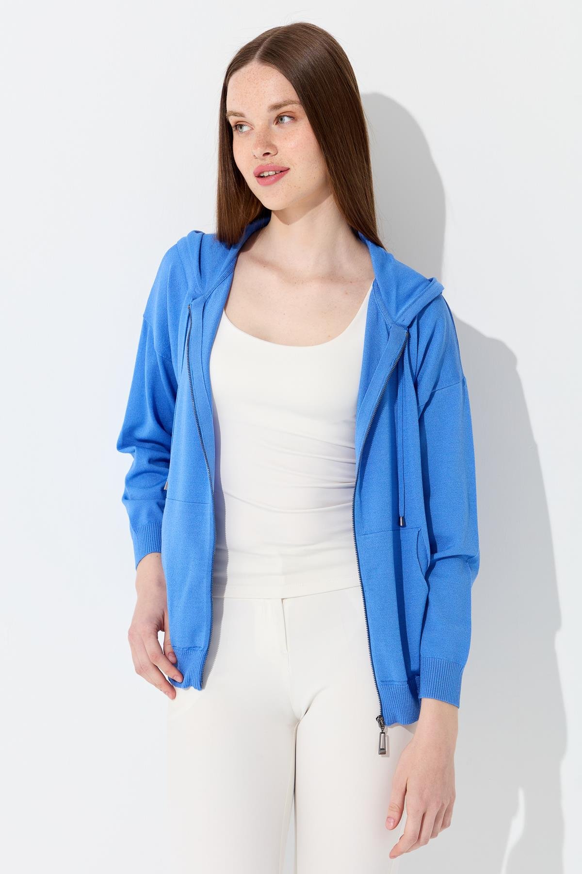 22351Kadın Triko Kapüşonlu Yazlık Hırka Mavi