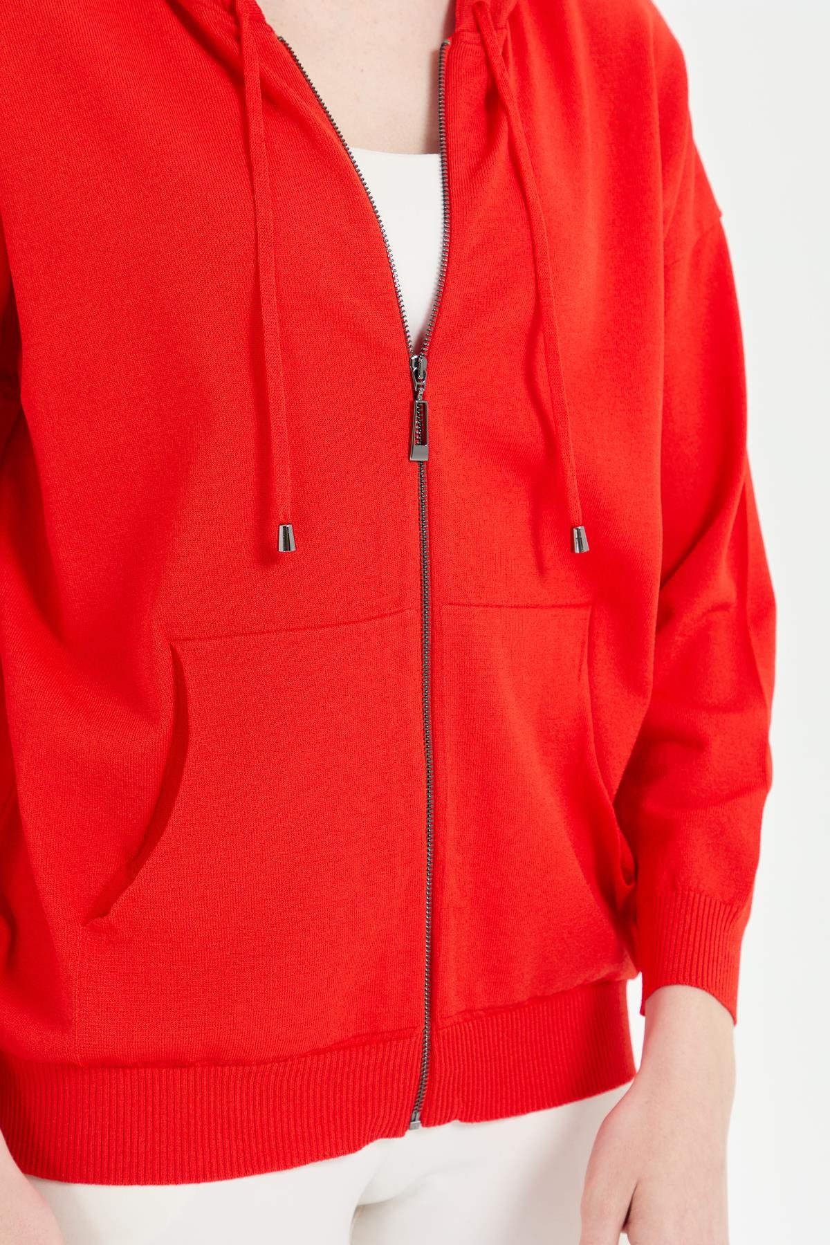 22351Женский удлиненный трикотажный летний кардиган с капюшоном коралл