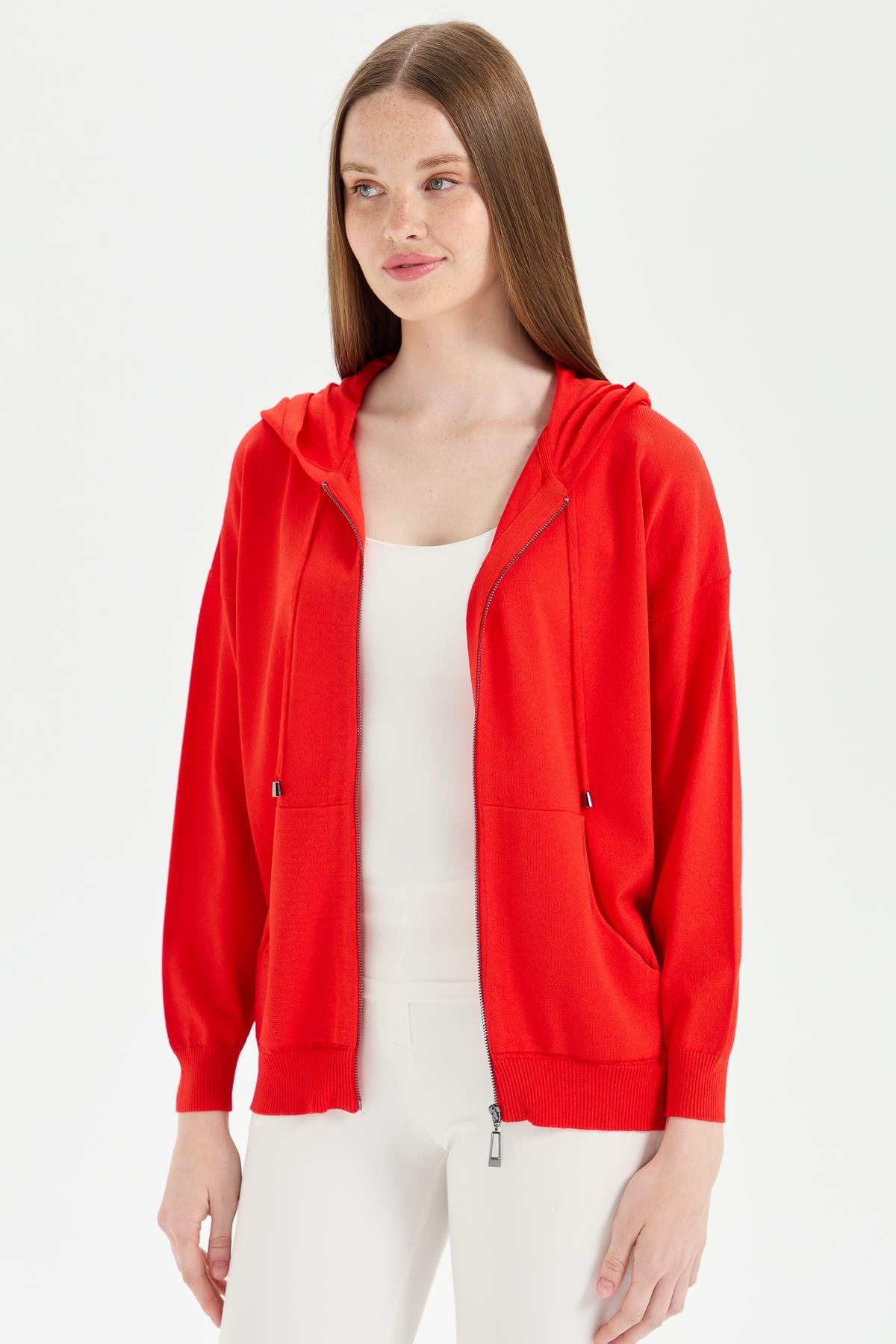 22351Женский удлиненный трикотажный летний кардиган с капюшоном коралл