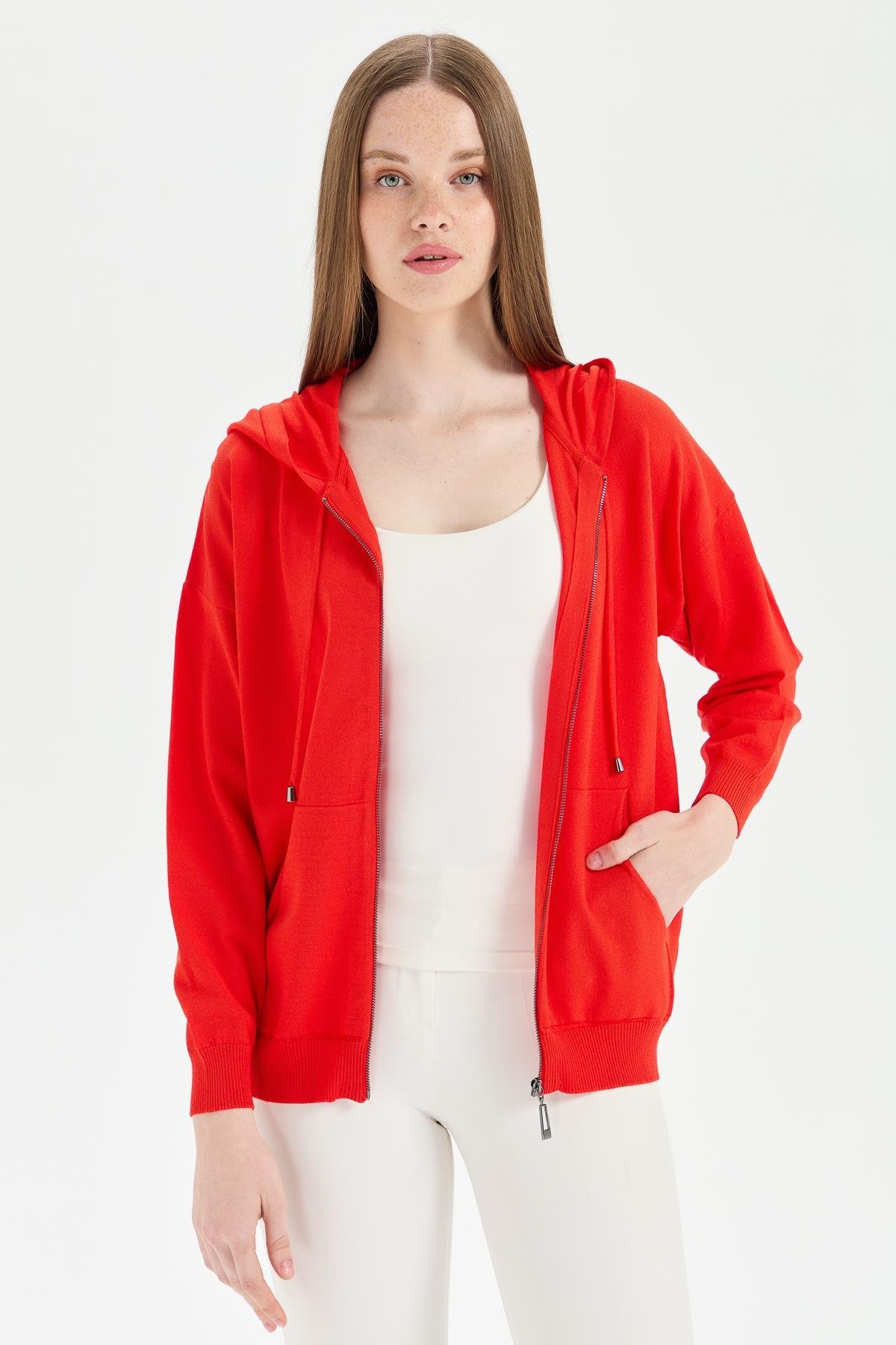 22351Женский удлиненный трикотажный летний кардиган с капюшоном коралл