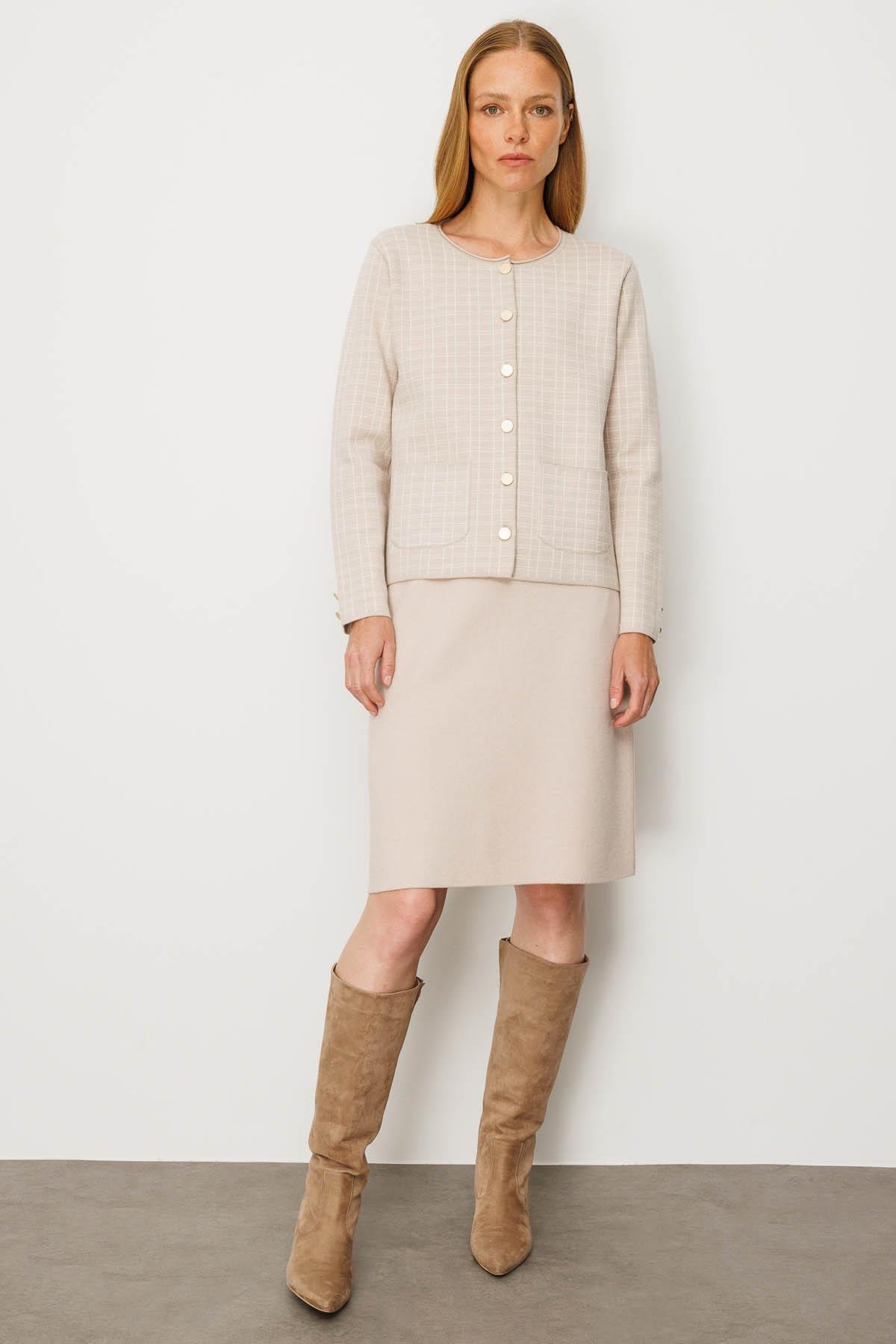 25065Kadın Triko Kareli Simli Ceket Bej