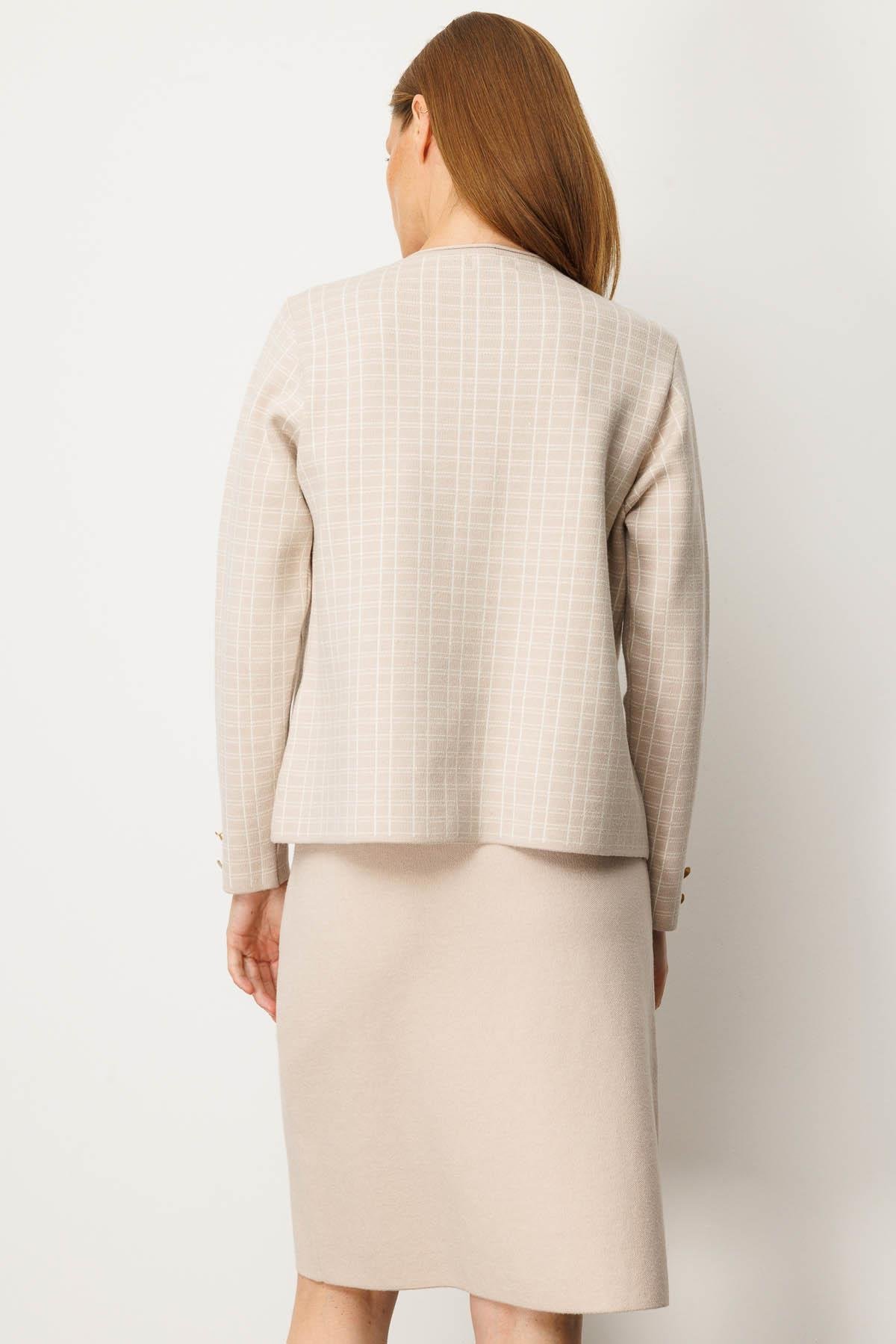 25065Kadın Triko Kareli Simli Ceket Bej