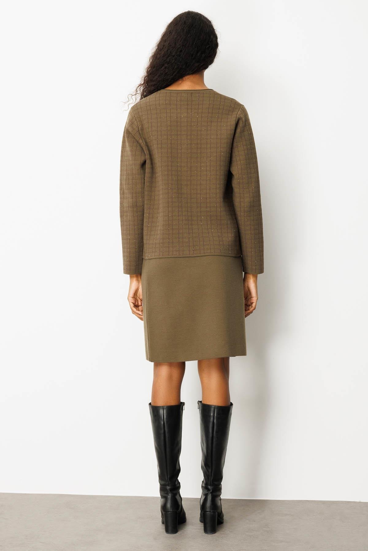 25065Kadın Triko Kareli Simli Ceket Haki