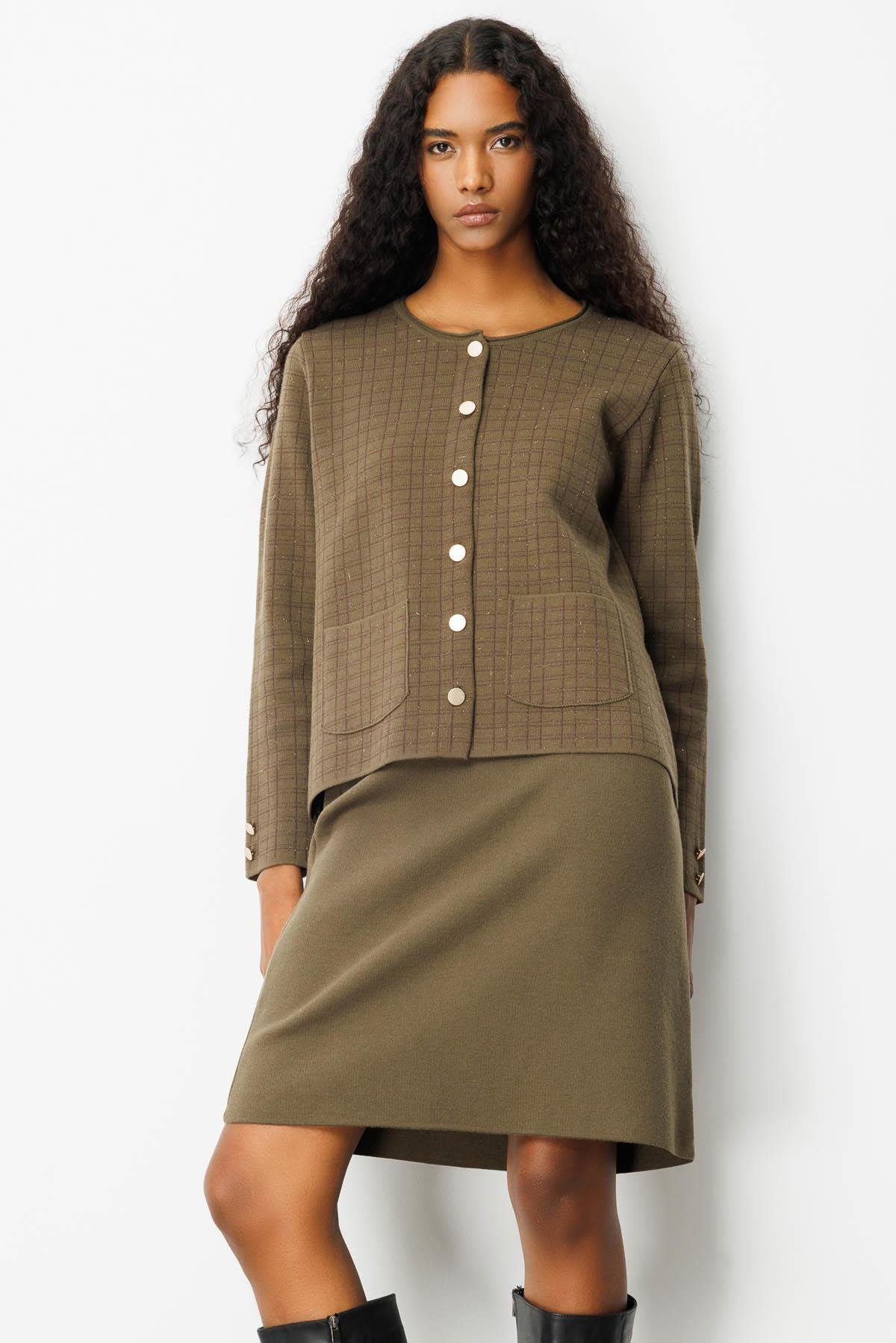 25065Kadın Triko Kareli Simli Ceket Haki