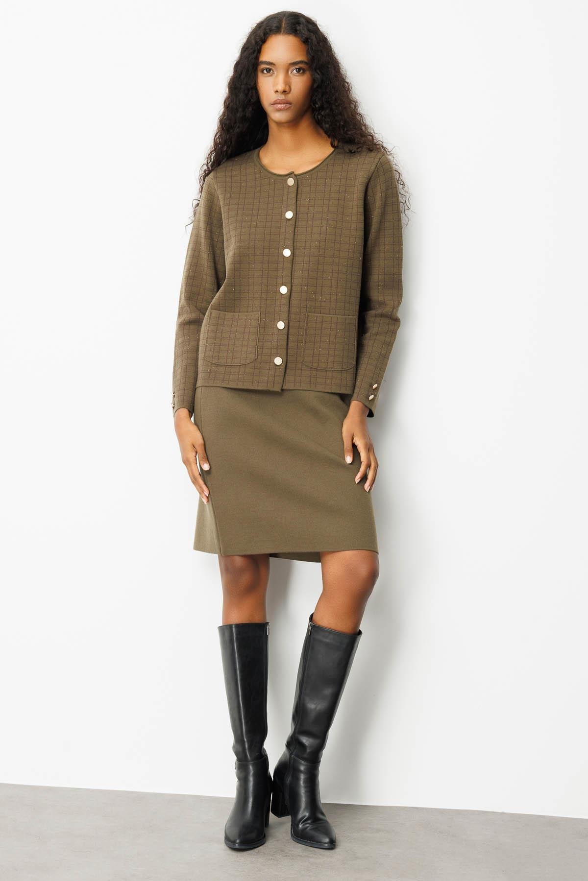 25065Kadın Triko Kareli Simli Ceket Haki