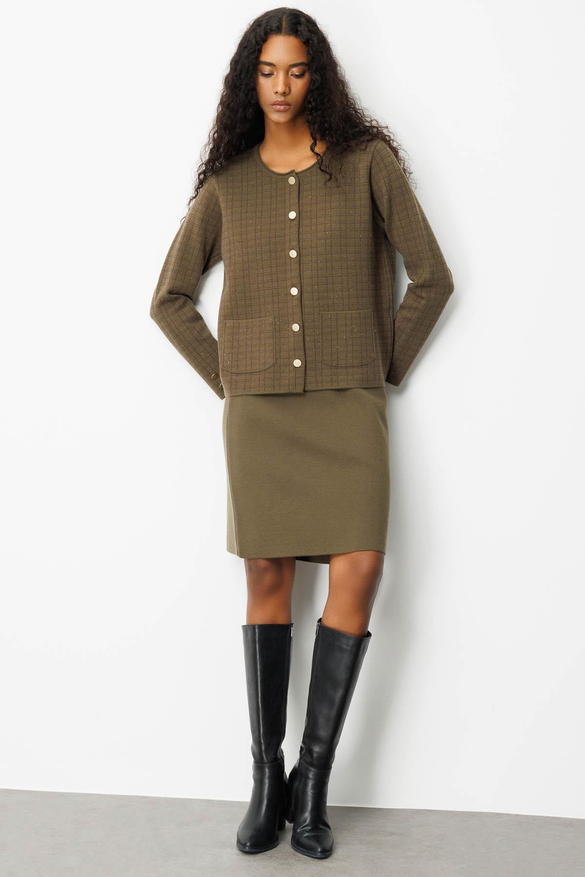 25065Kadın Triko Kareli Simli Ceket Haki