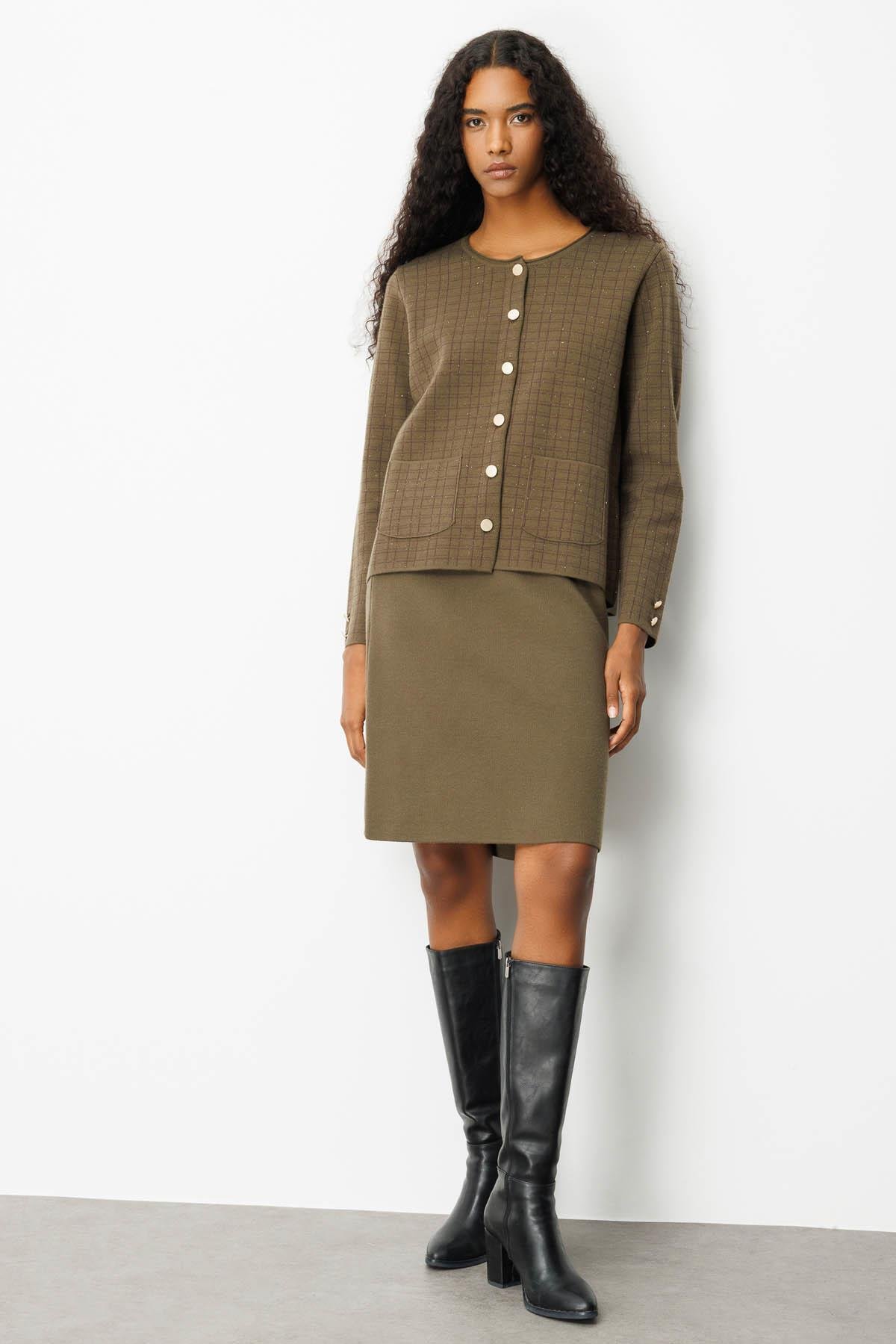 25065Kadın Triko Kareli Simli Ceket Haki