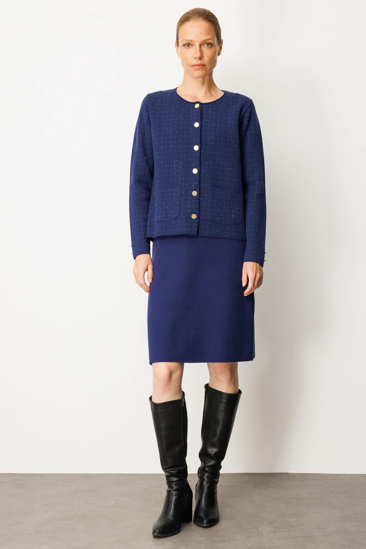 25065Kadın Triko Kareli Simli Ceket Lacivert