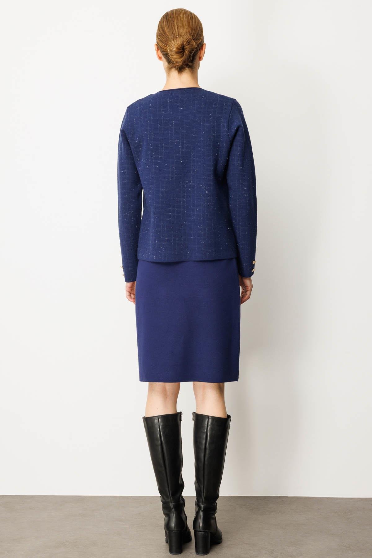 25065Kadın Triko Kareli Simli Ceket Lacivert