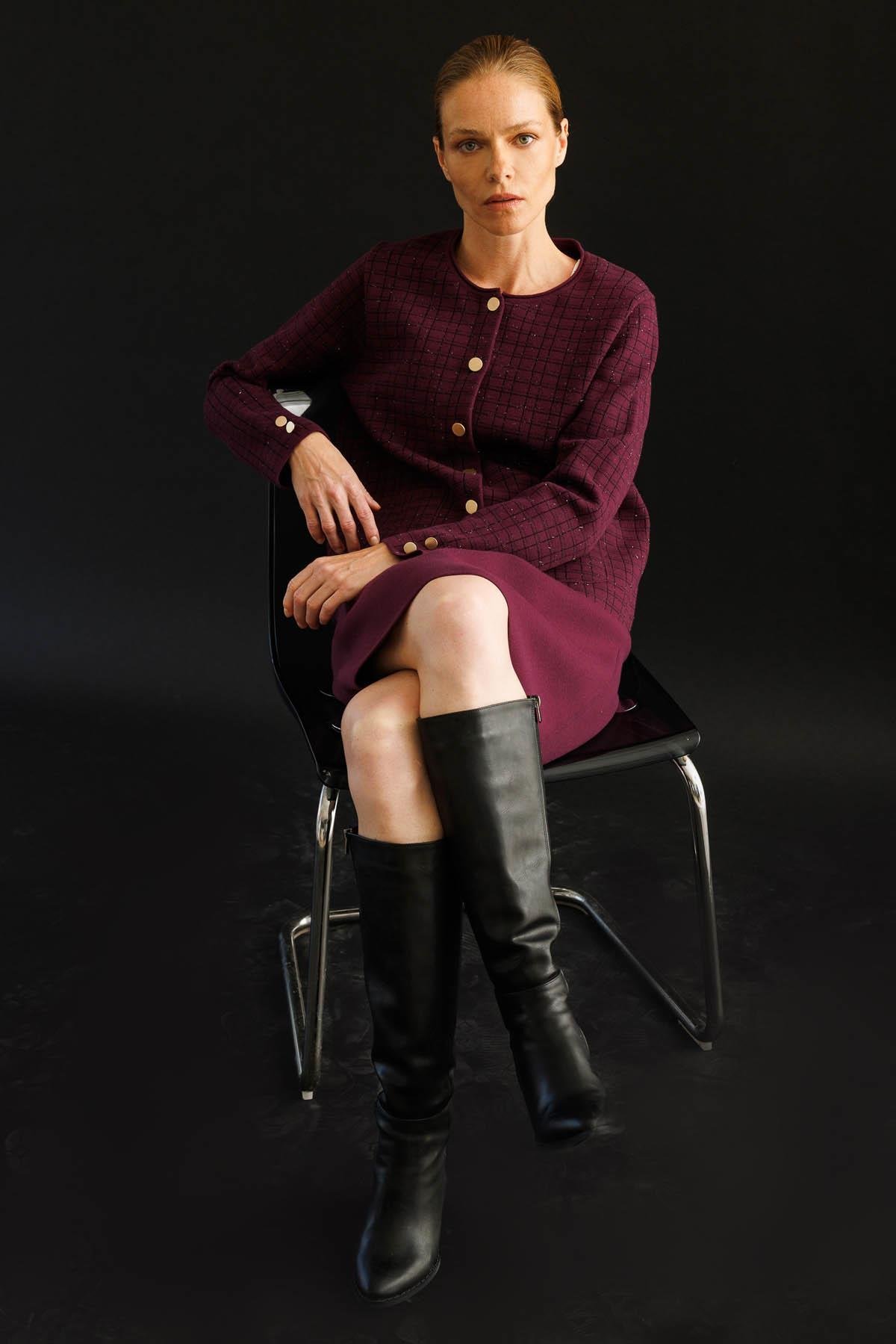 25065Kadın Triko Kareli Simli Ceket Mürdüm