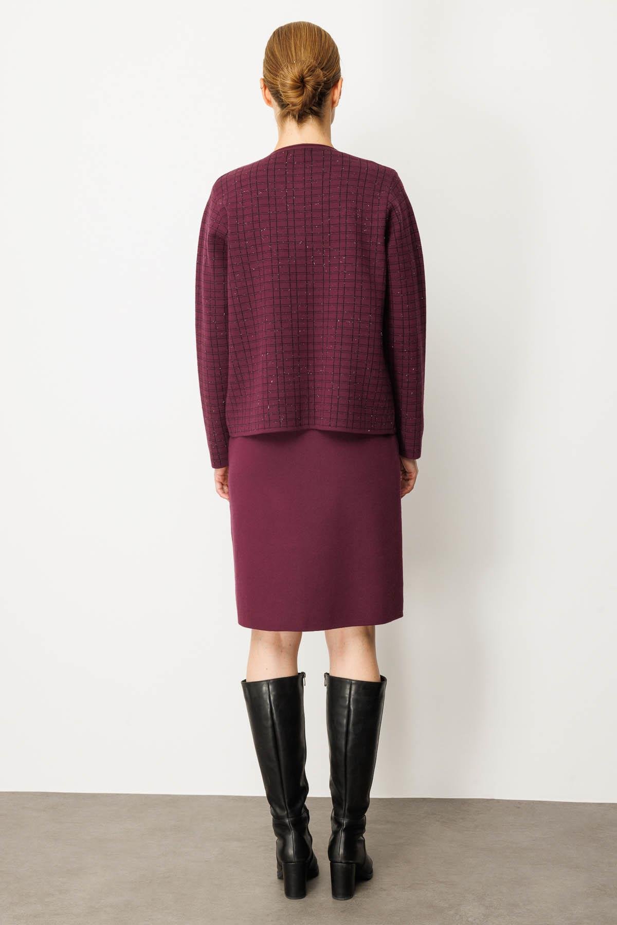 25065Kadın Triko Kareli Simli Ceket Mürdüm