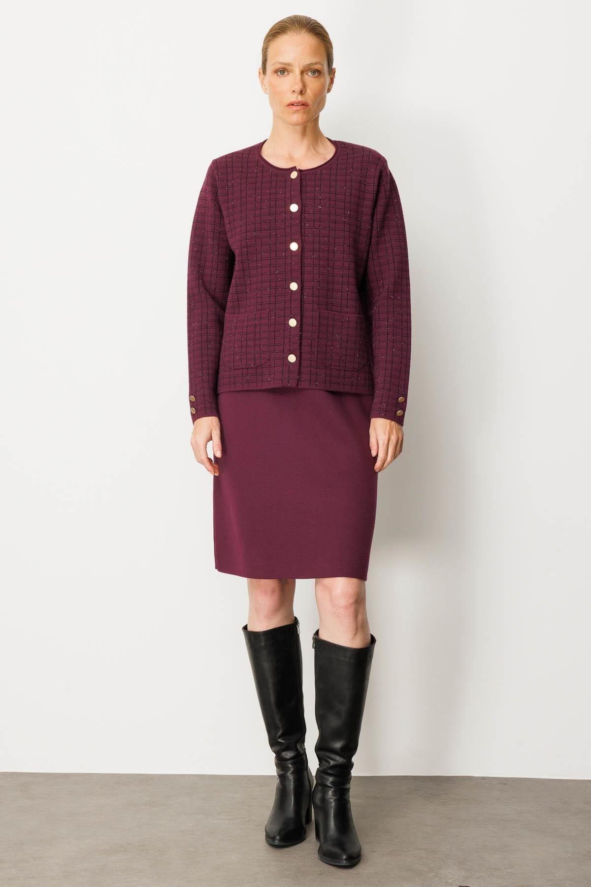 25065Kadın Triko Kareli Simli Ceket Mürdüm