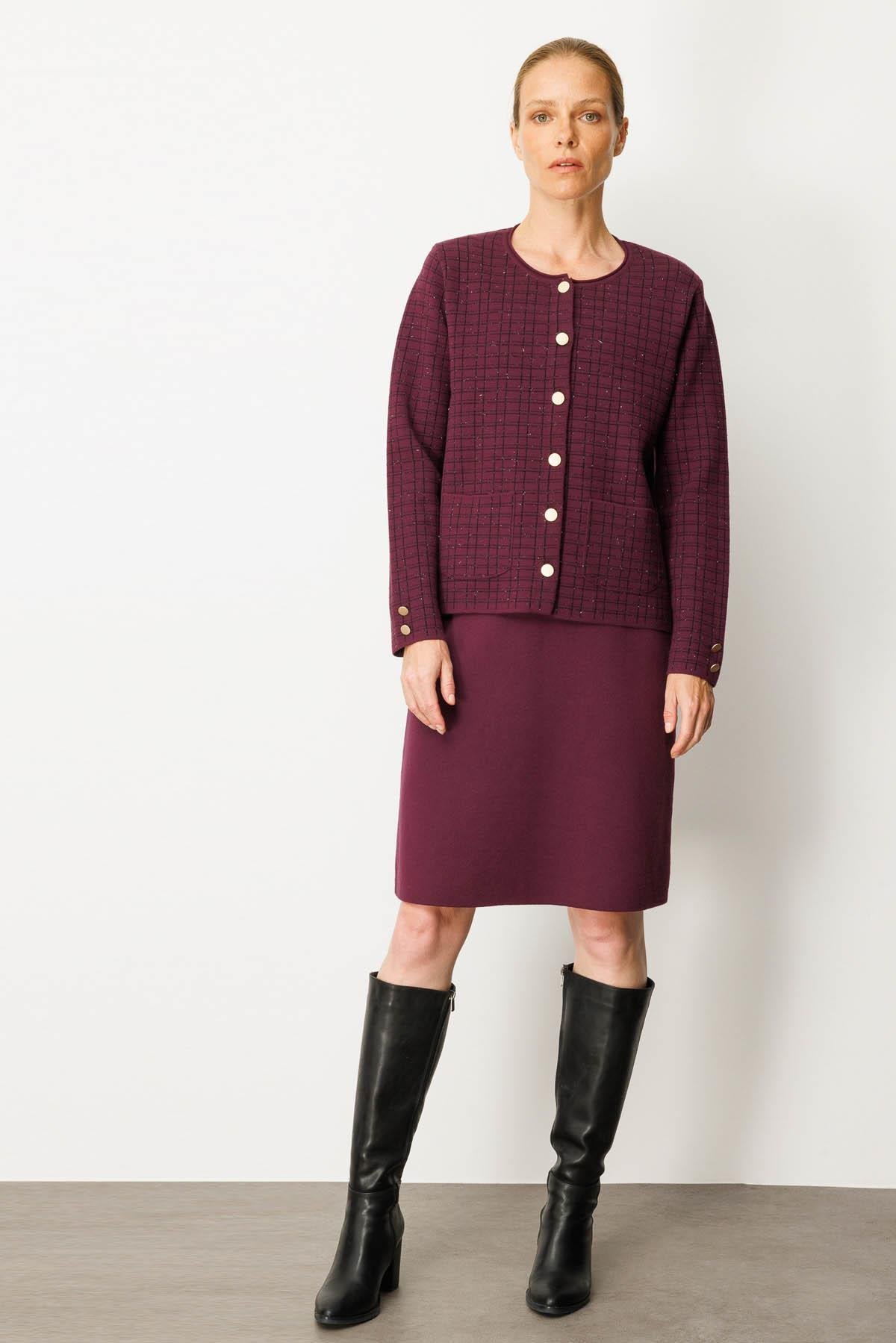 25065Kadın Triko Kareli Simli Ceket Mürdüm