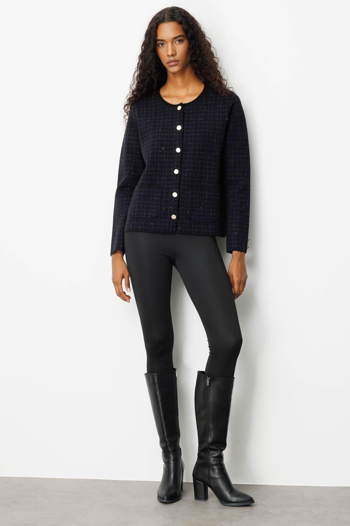 25065Kadın Triko Kareli Simli Ceket Siyah