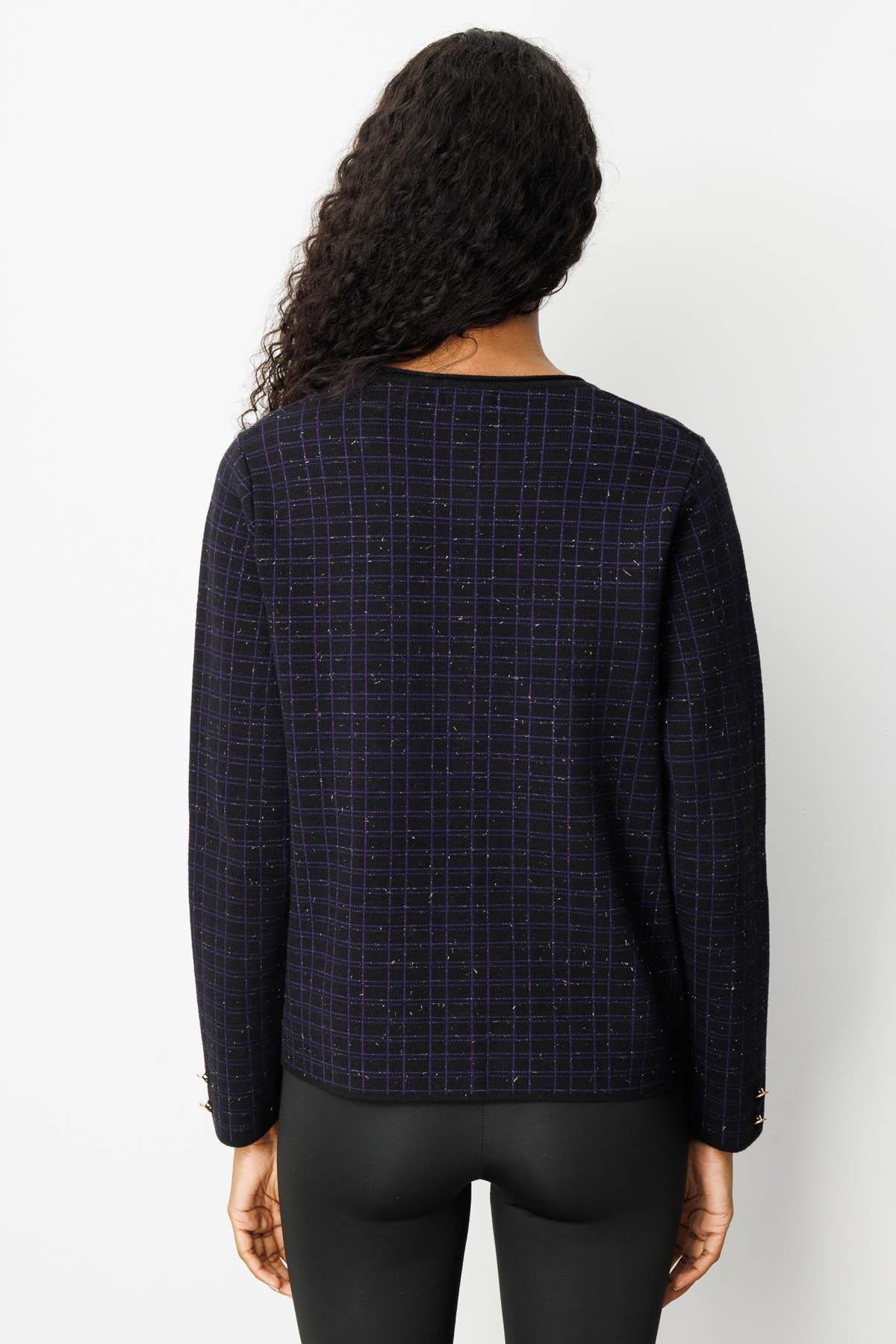 25065Kadın Triko Kareli Simli Ceket Siyah