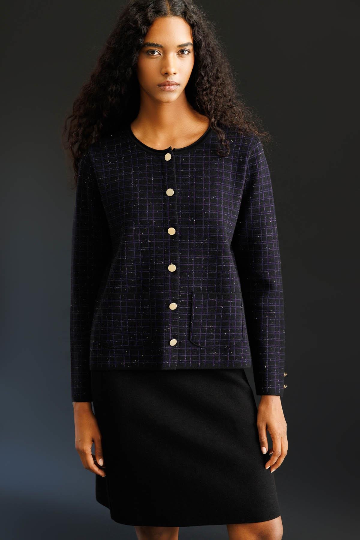 25065Kadın Triko Kareli Simli Ceket Siyah