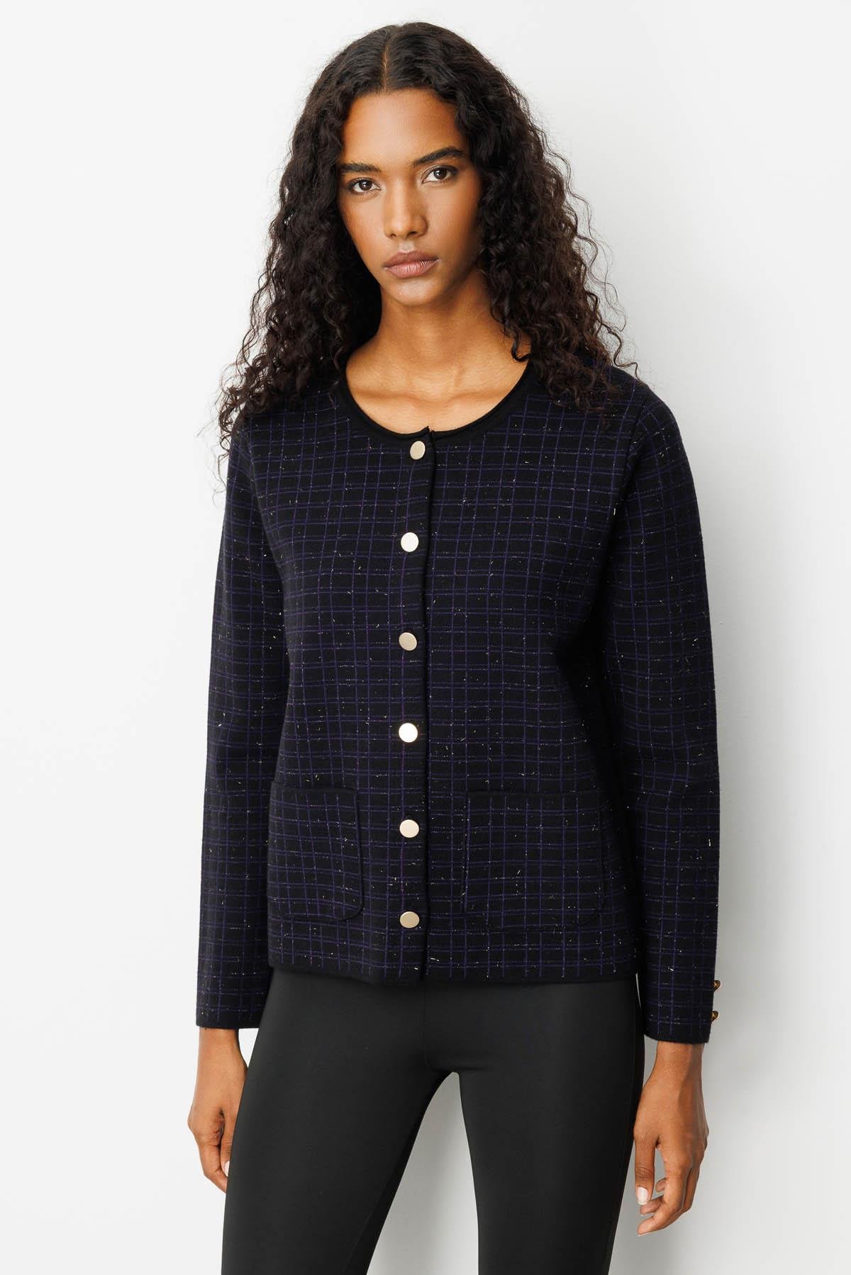 25065Kadın Triko Kareli Simli Ceket Siyah