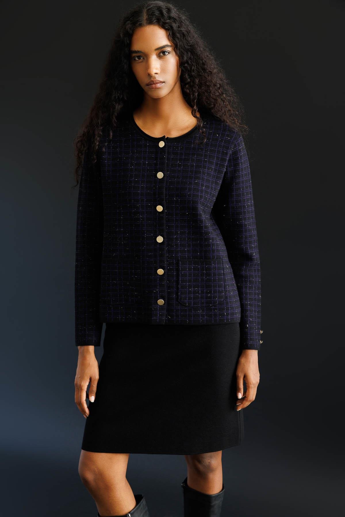 25065Kadın Triko Kareli Simli Ceket Siyah