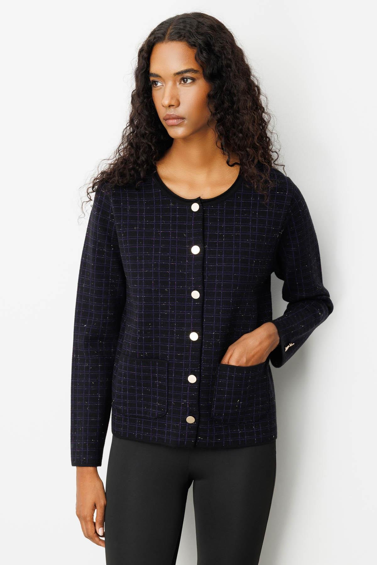25065Kadın Triko Kareli Simli Ceket Siyah