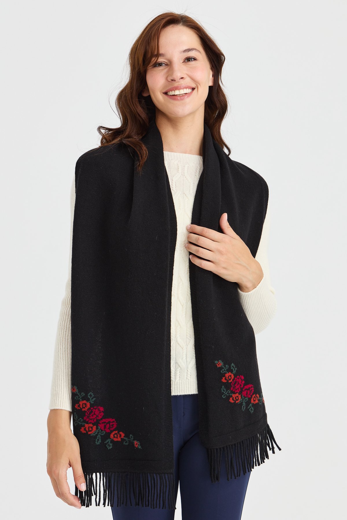 23223Kadın Triko Kenarı Çiçekli Yün Kaşkol Siyah