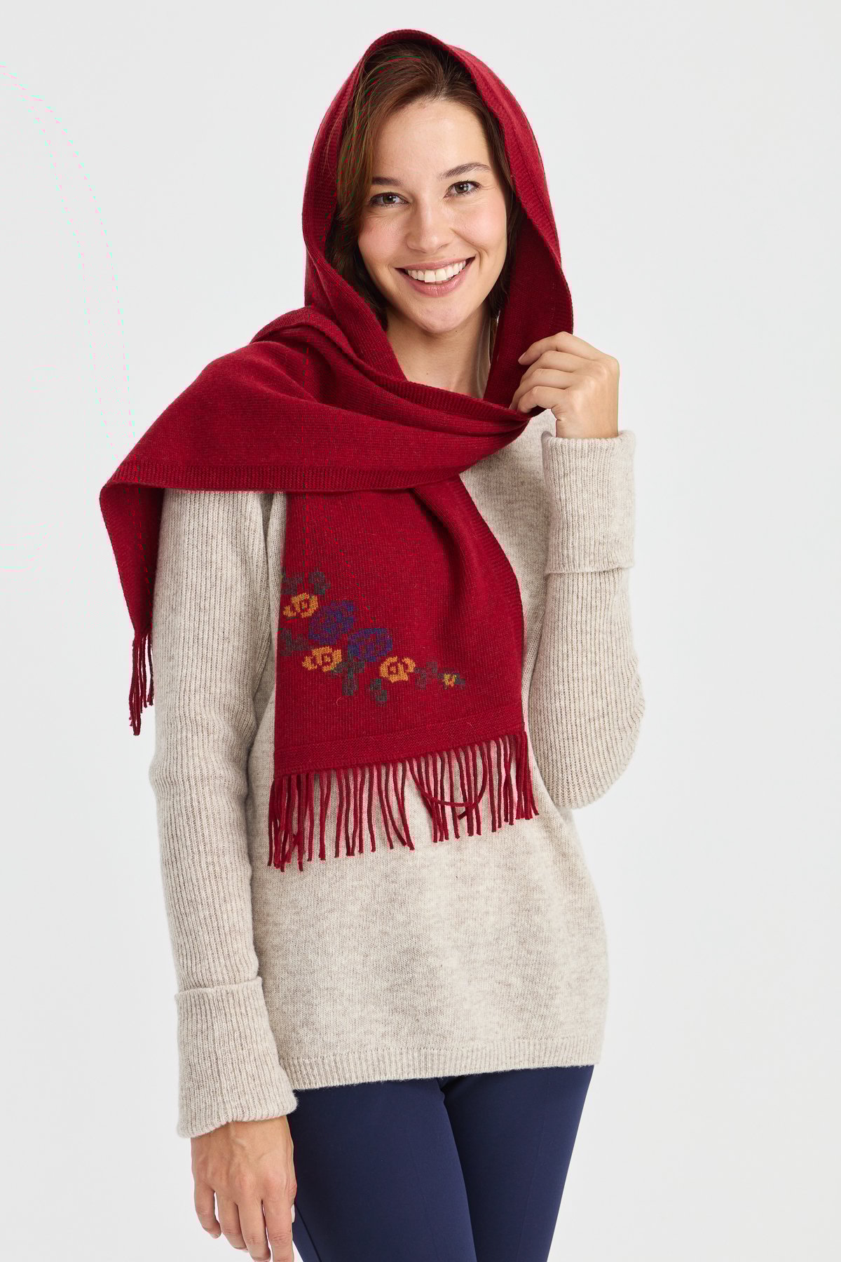 23223Kadın Triko Kenarı Çiçekli Yün Kaşkol V.Kırmızı