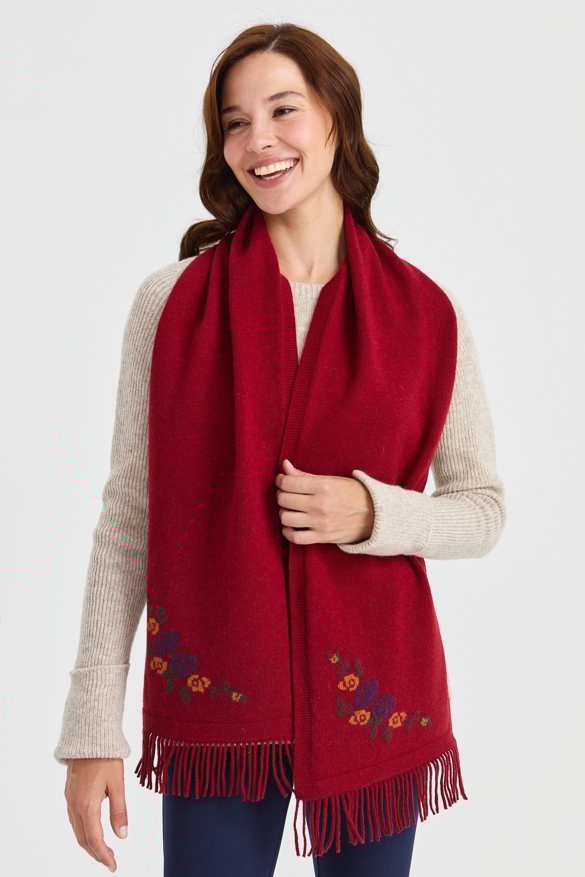 23223Kadın Triko Kenarı Çiçekli Yün Kaşkol V.Kırmızı