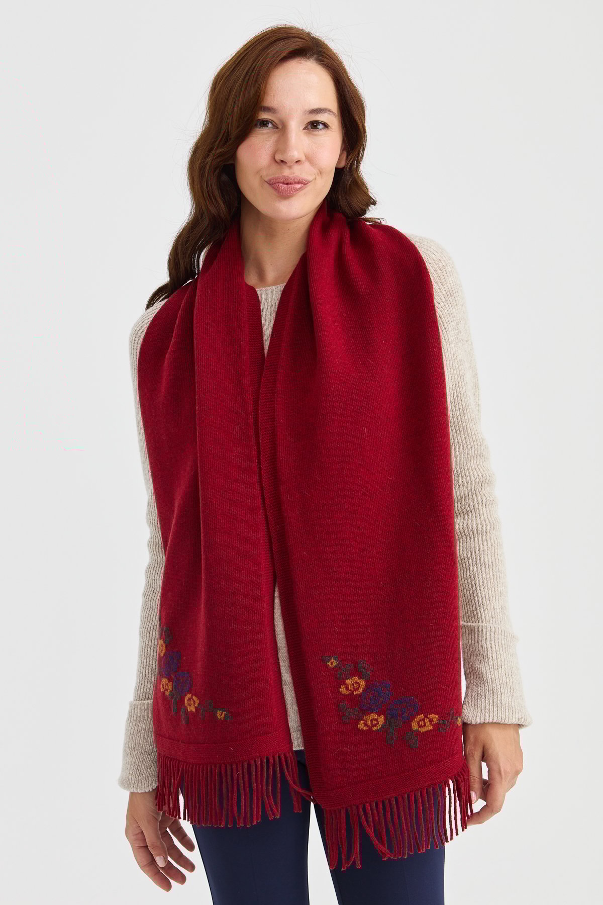 23223Kadın Triko Kenarı Çiçekli Yün Kaşkol V.Kırmızı