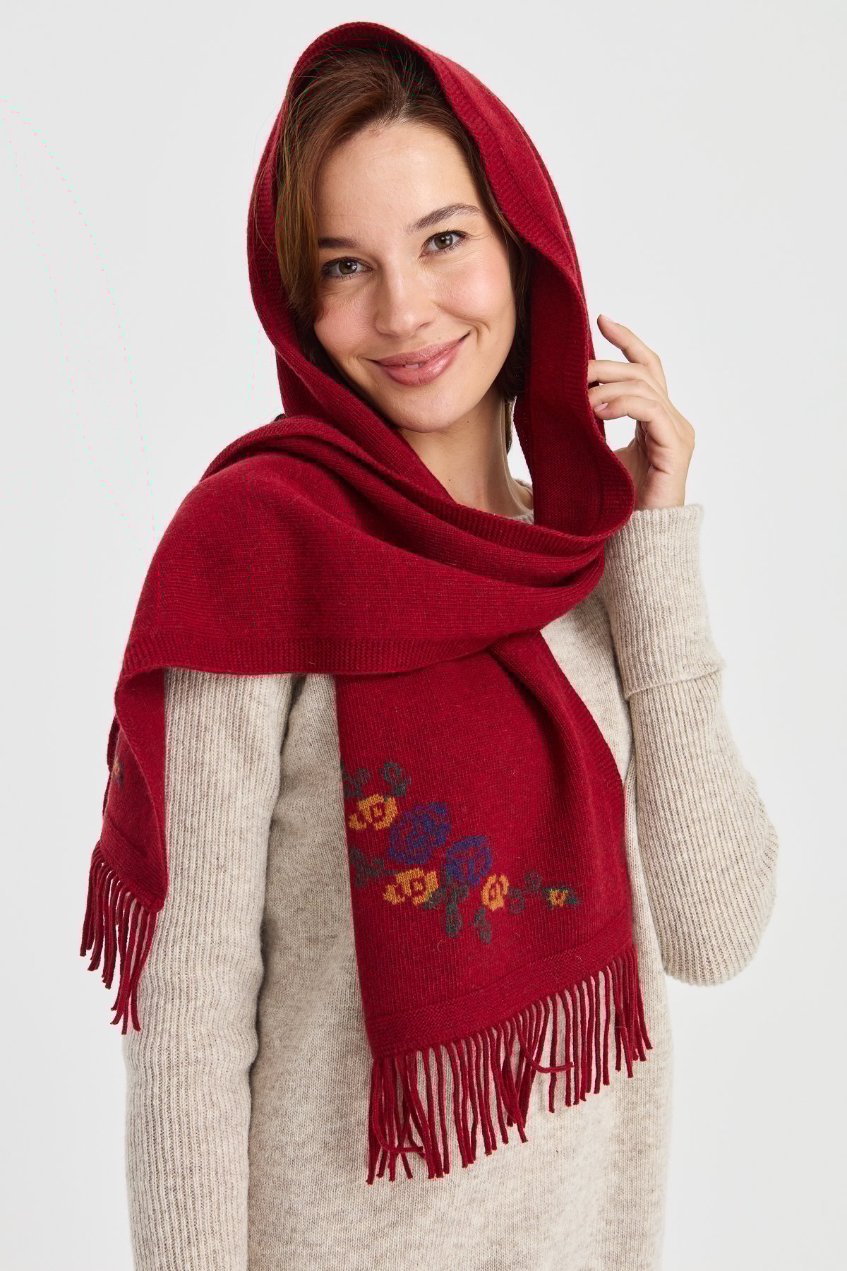 23223Kadın Triko Kenarı Çiçekli Yün Kaşkol V.Kırmızı