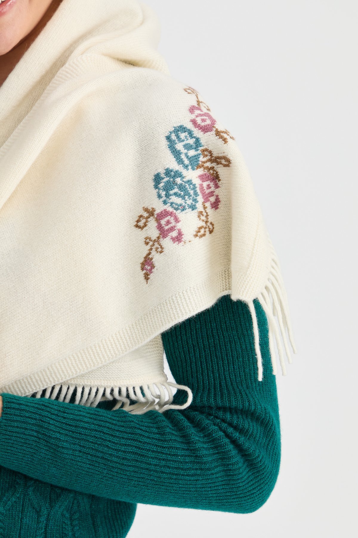 23223Kadın Triko Kenarı Çiçekli Yün Kaşkol Kemik