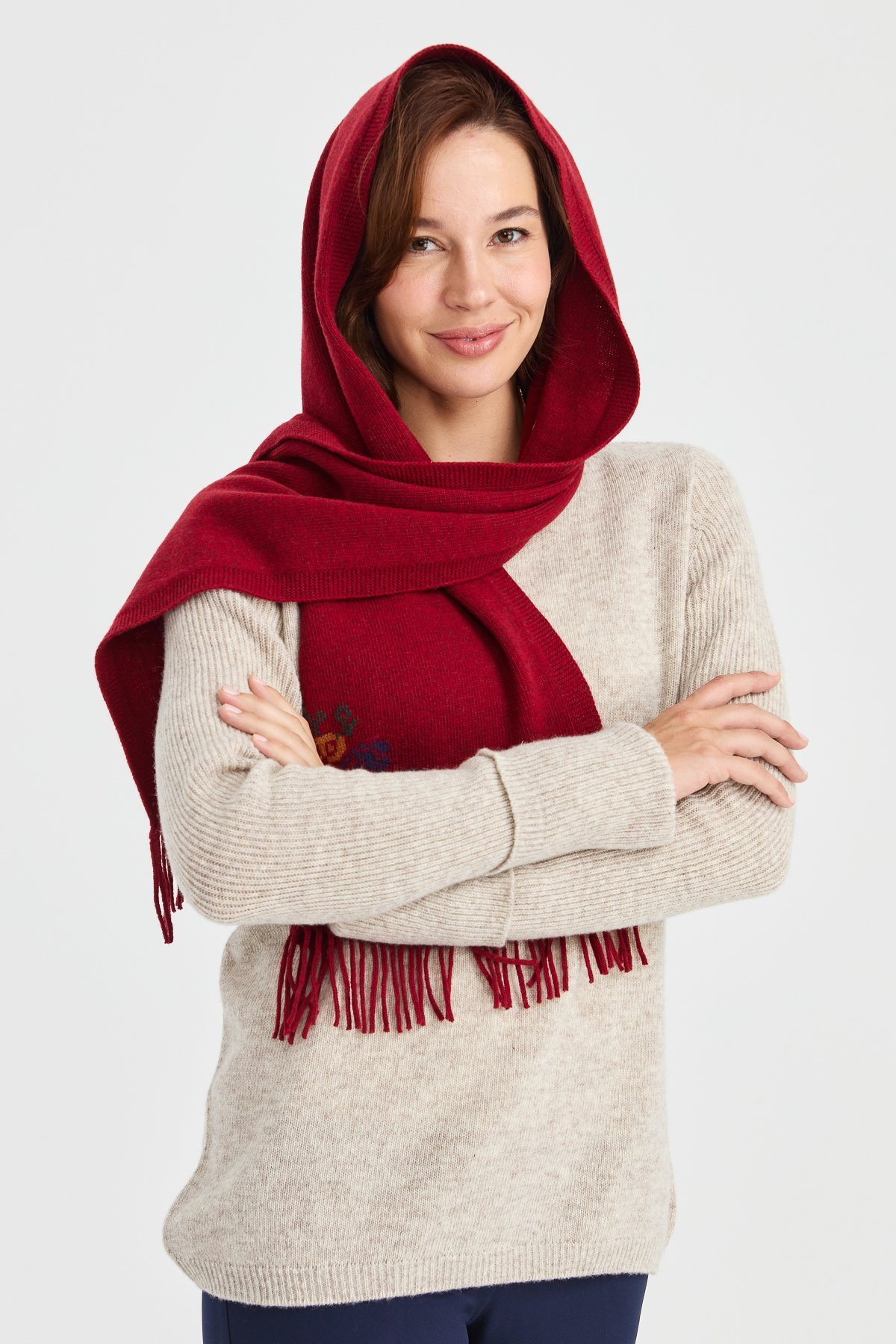 23223Kadın Triko Kenarı Çiçekli Yün Kaşkol V.Kırmızı