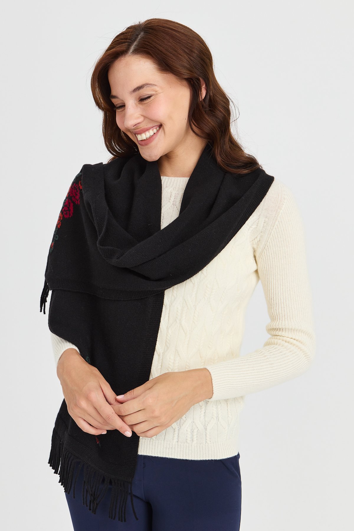 23223Kadın Triko Kenarı Çiçekli Yün Kaşkol Siyah