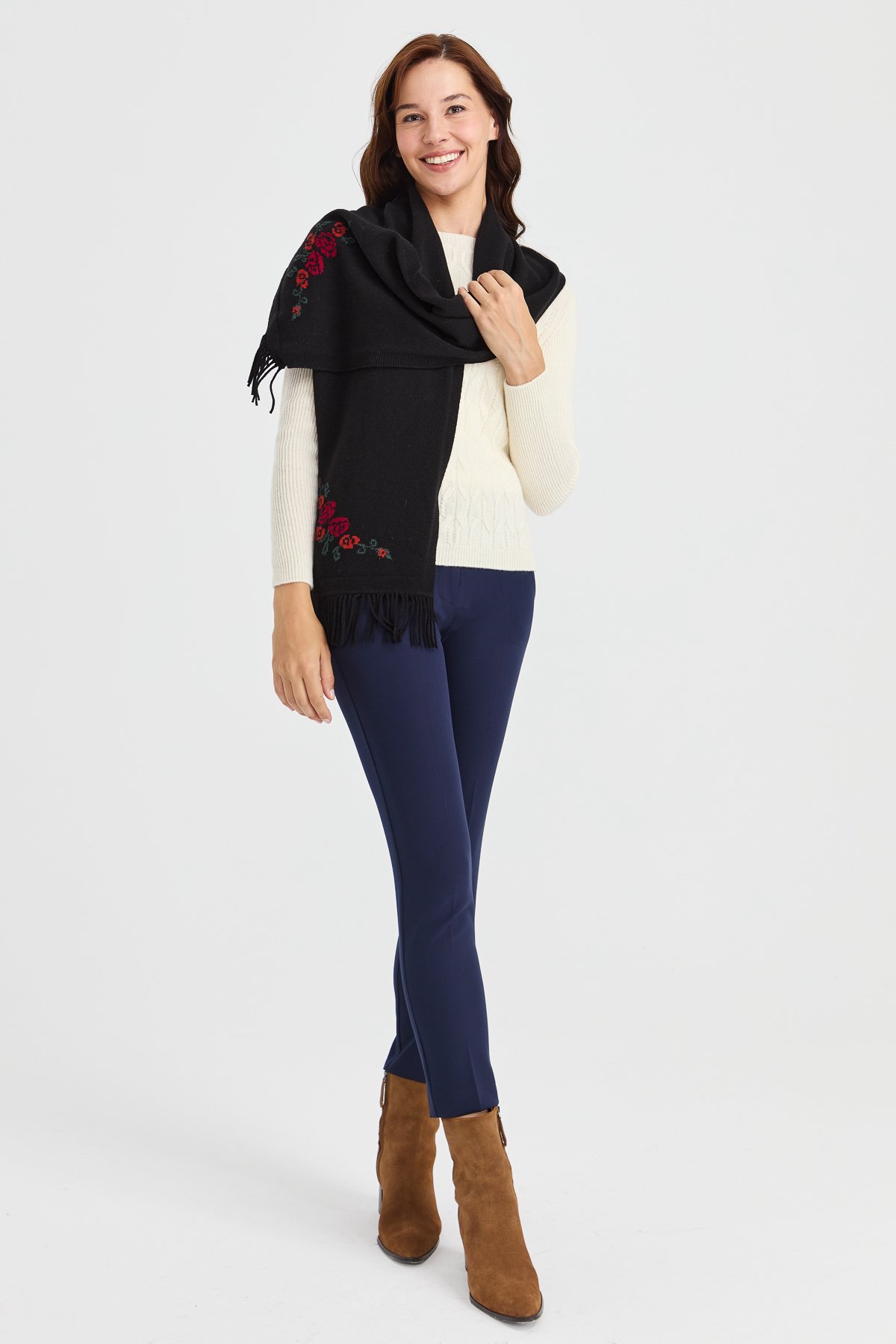 23223Kadın Triko Kenarı Çiçekli Yün Kaşkol Siyah