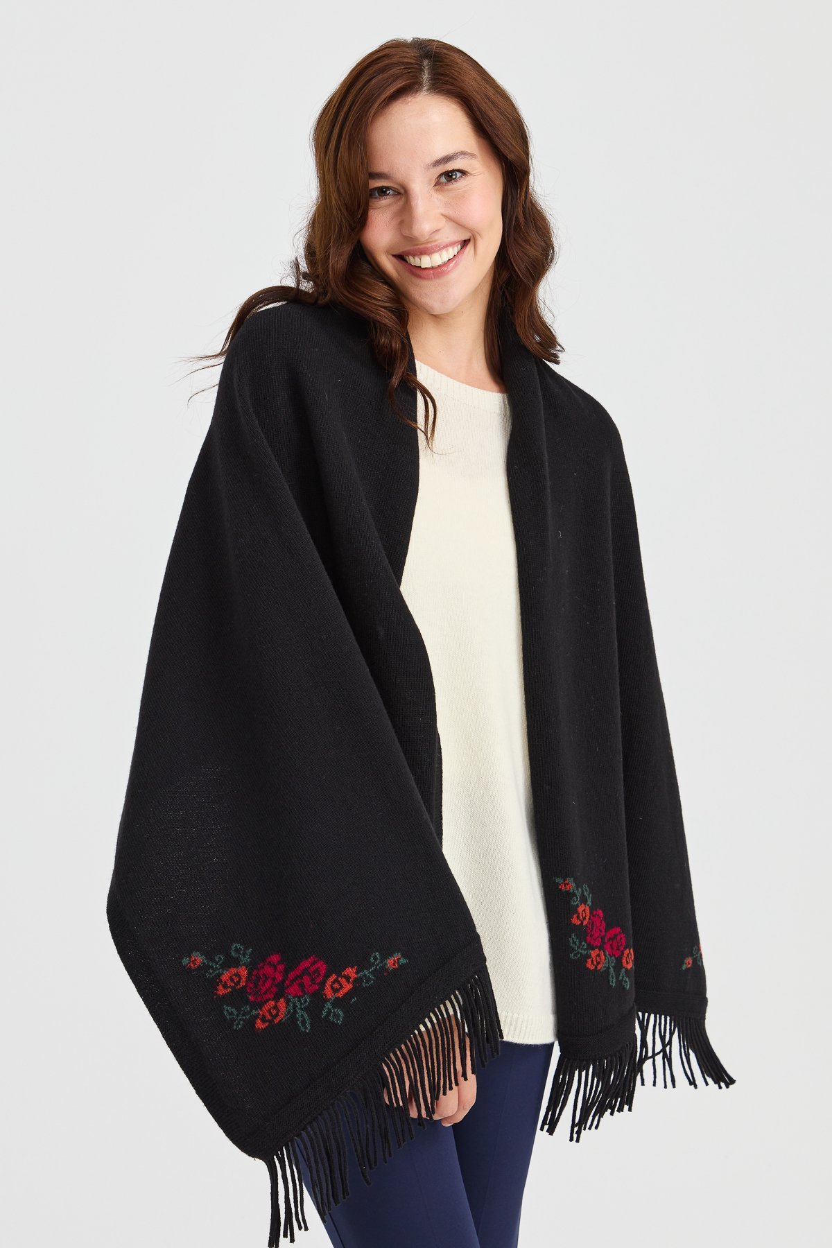 23224Kadın Triko Kenarı Çiçekli Yün Şal Siyah