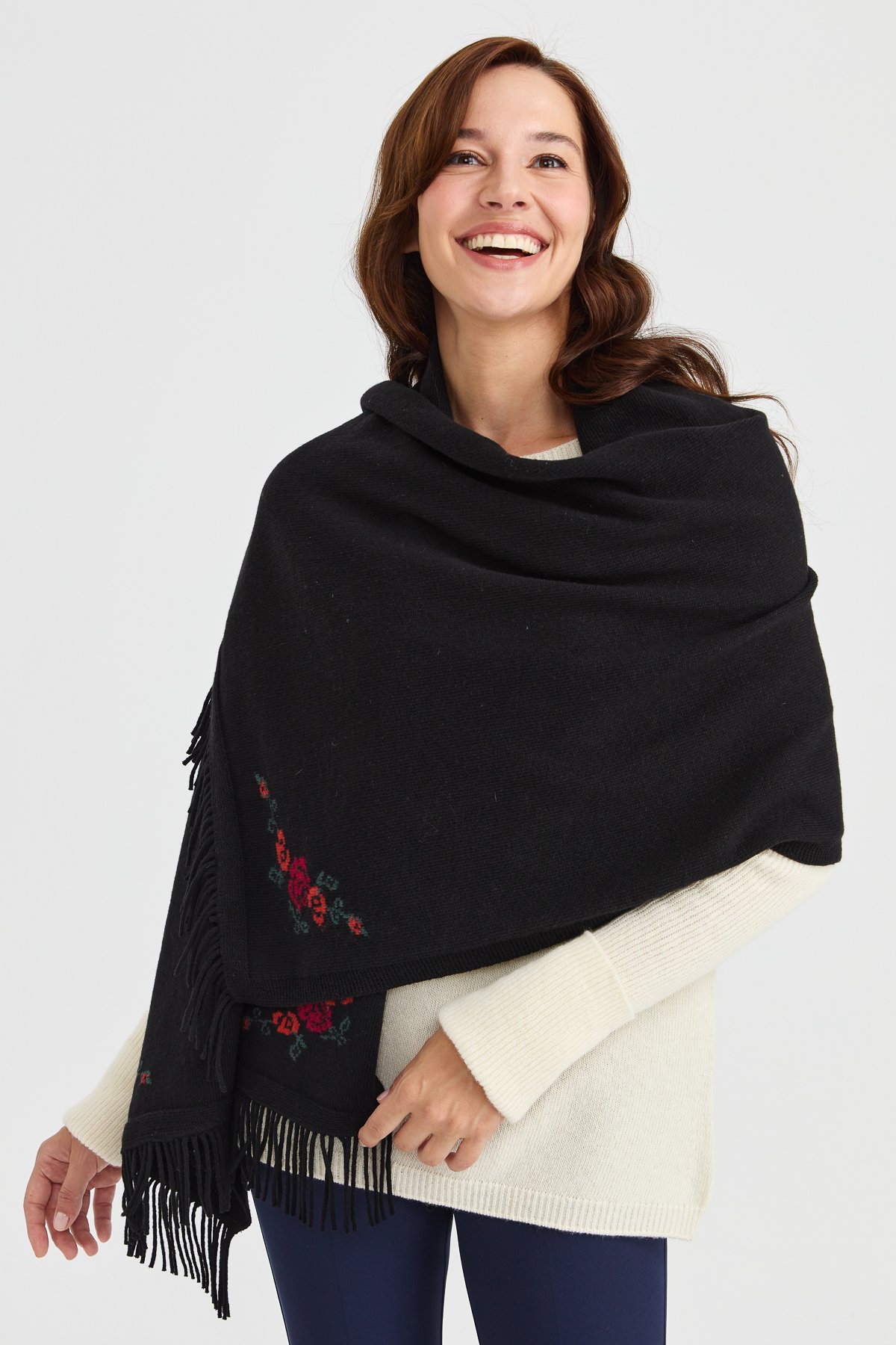 23224Kadın Triko Kenarı Çiçekli Yün Şal Siyah