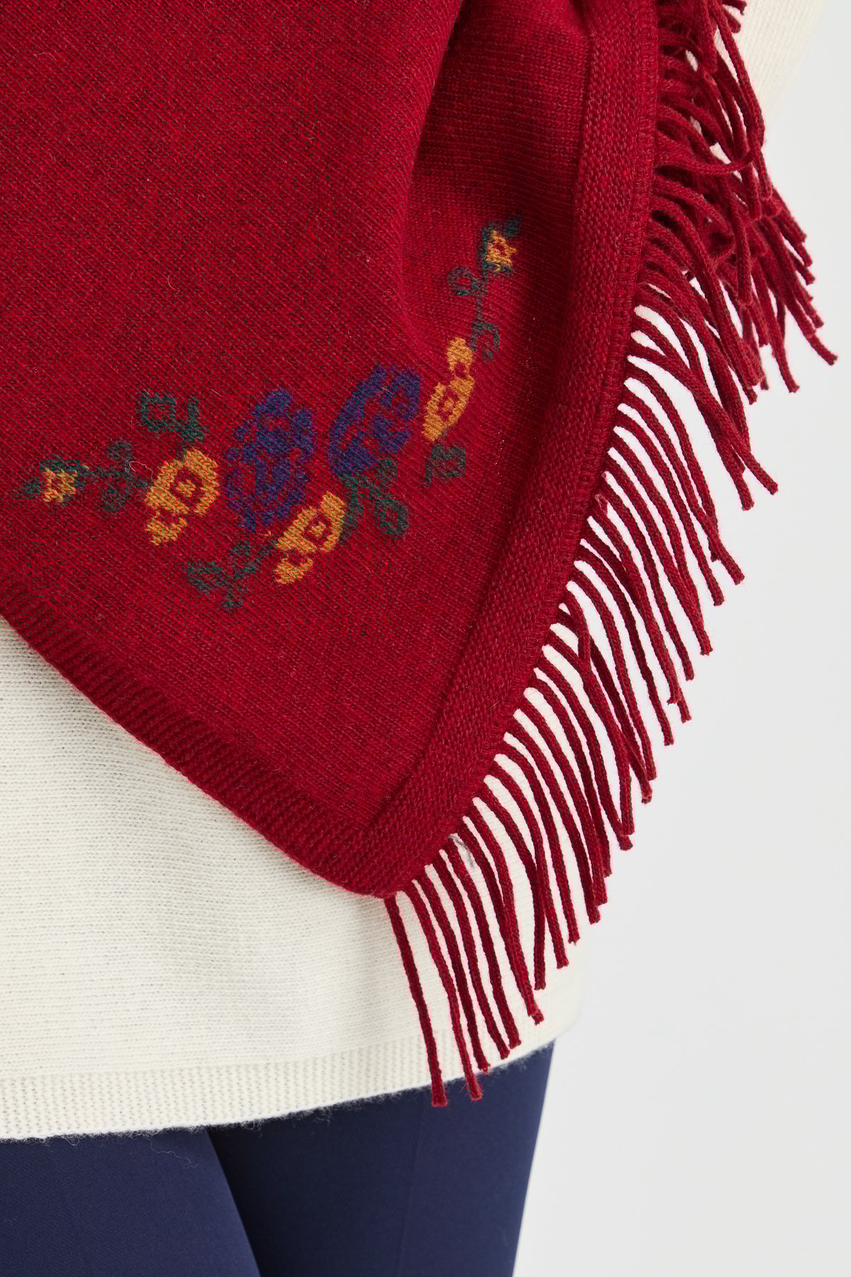 23224Kadın Triko Kenarı Çiçekli Yün Şal V.Kırmızı